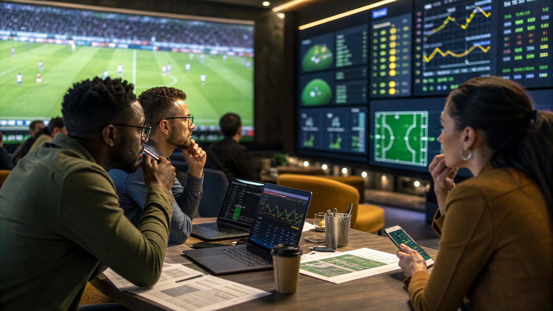 Orang-orang sedang menganalisis pasar taruhan sepak bola dengan layar digital yang menampilkan statistik dan peluang pertandingan.