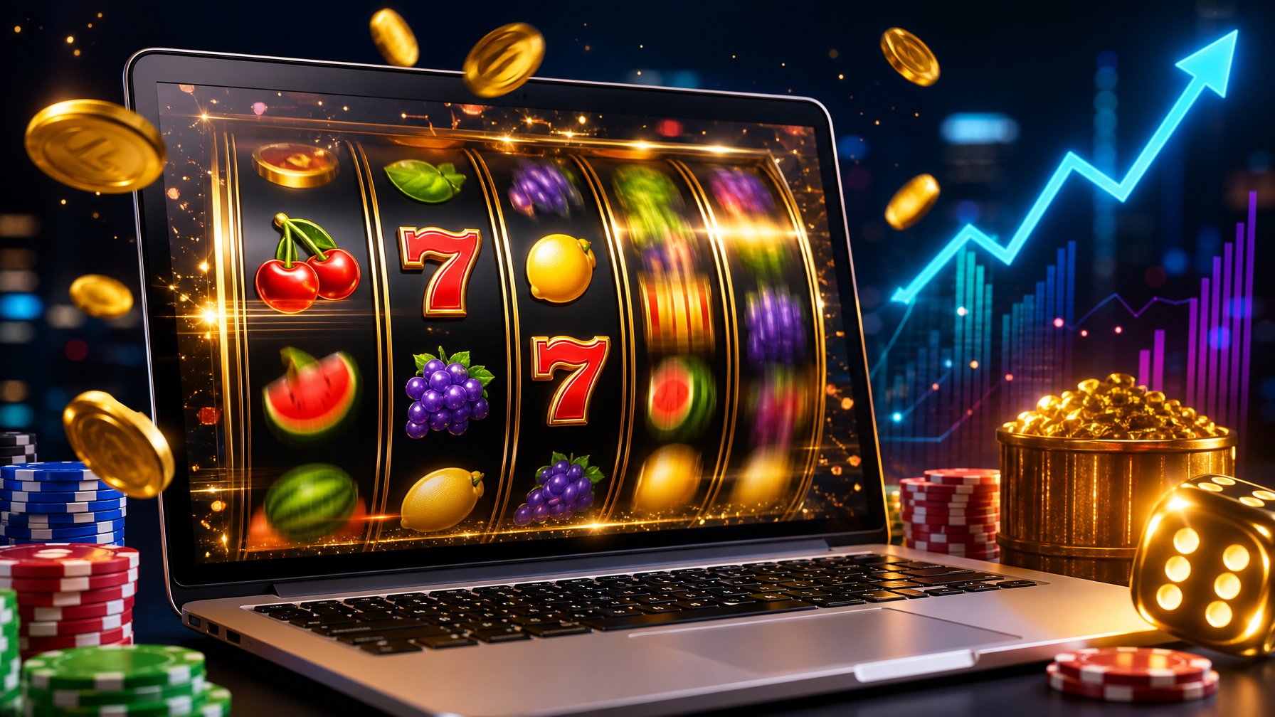 Layar komputer menampilkan mesin slot online dengan simbol warna-warni dan koin emas, dikelilingi oleh grafik naik dan tumpukan chip kasino.