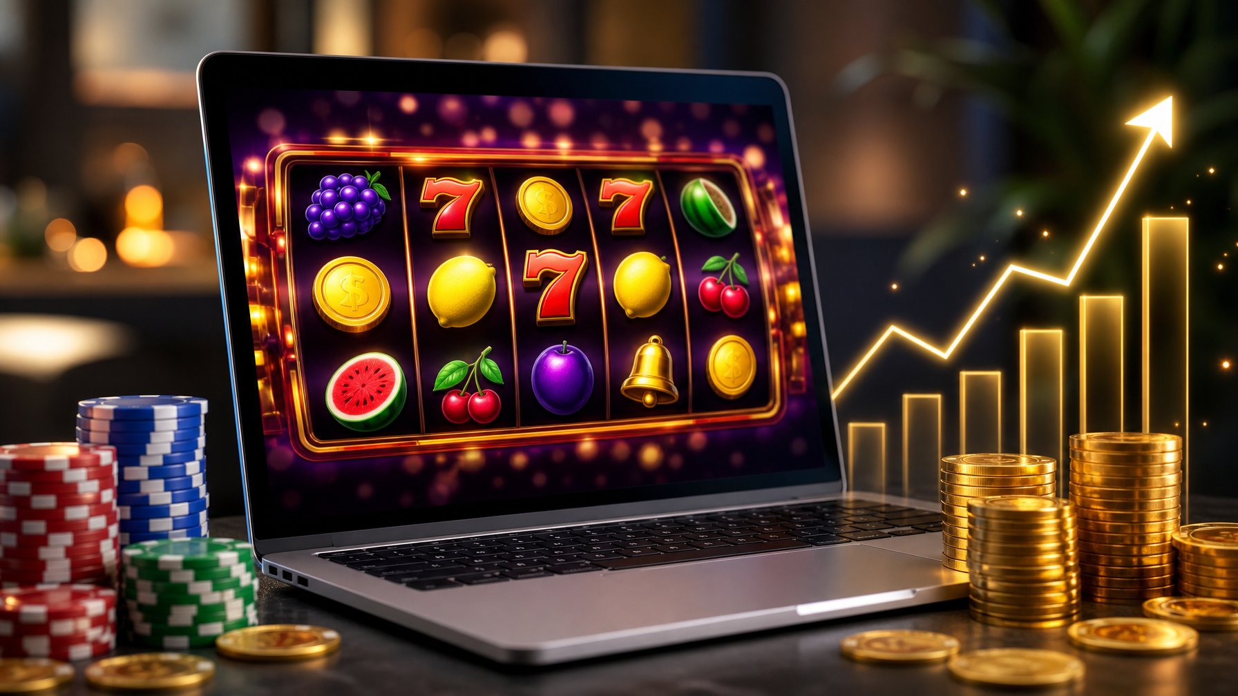 Seorang pengguna komputer dengan layar menampilkan permainan slot online berwarna cerah dan simbol kemenangan, dikelilingi oleh grafik naik dan tumpukan chip kasino.
