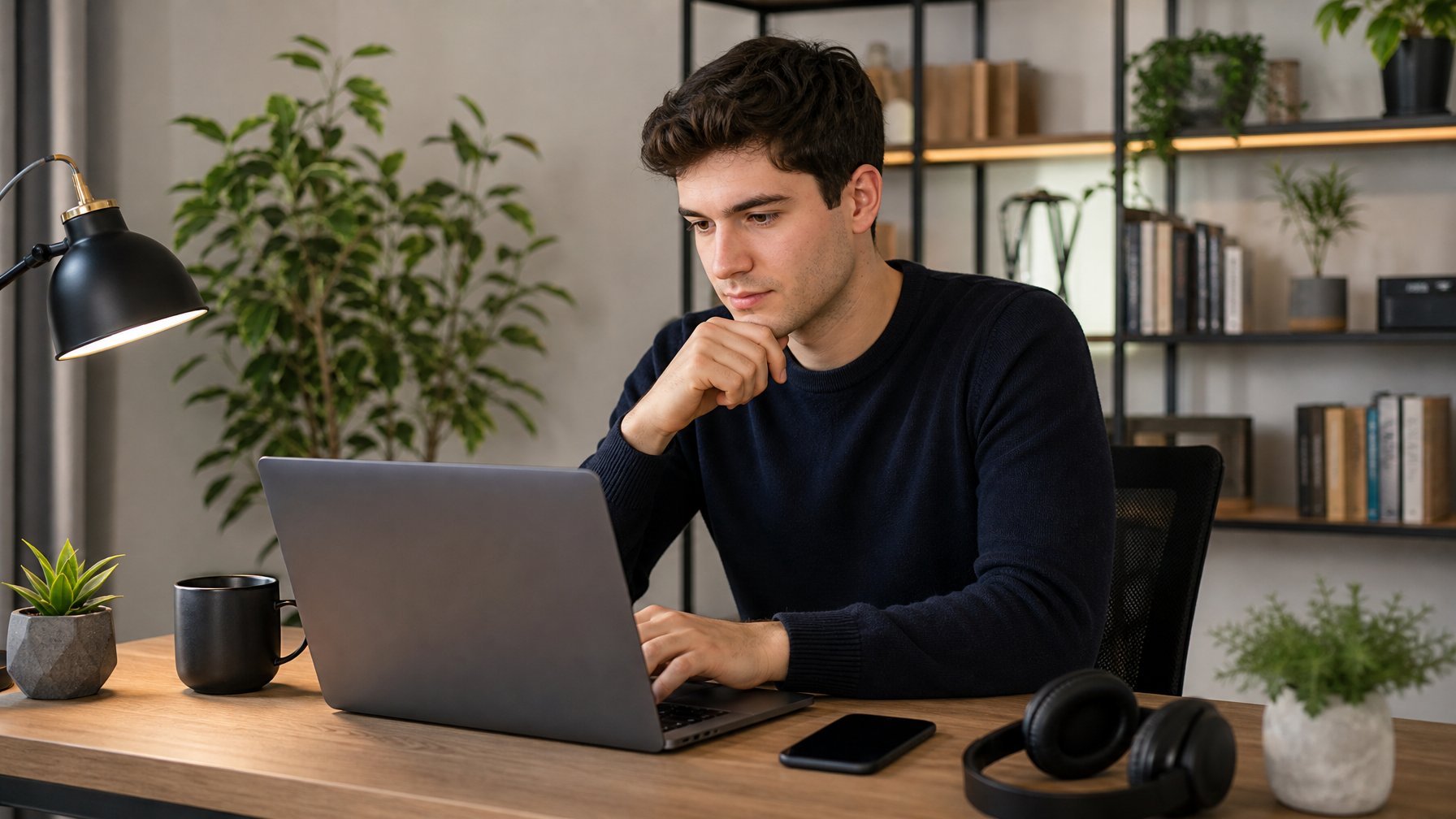 Seseorang muda sedang menggunakan laptop di ruang kerja rumah yang rapi dan nyaman, fokus belajar memilih slot online terpercaya.