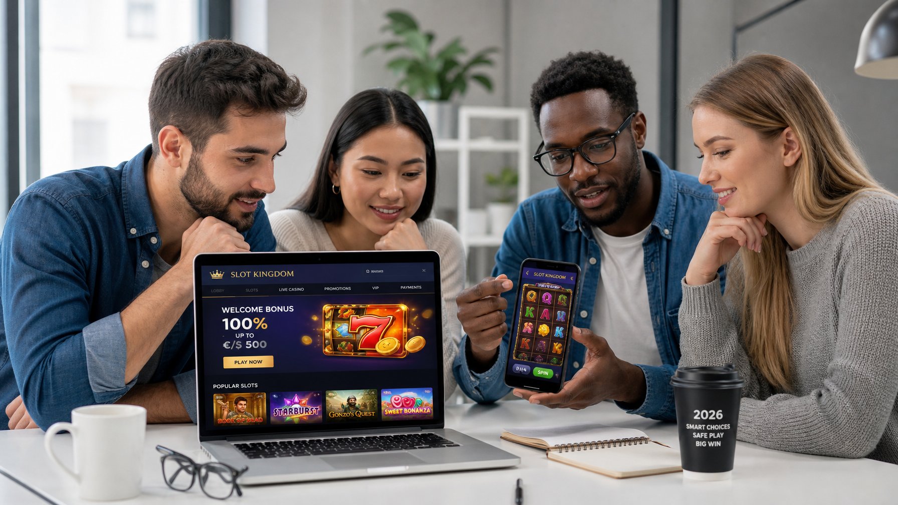 Beberapa orang muda sedang berdiskusi dan melihat layar laptop dan ponsel yang menampilkan permainan slot online di sebuah ruangan terang.