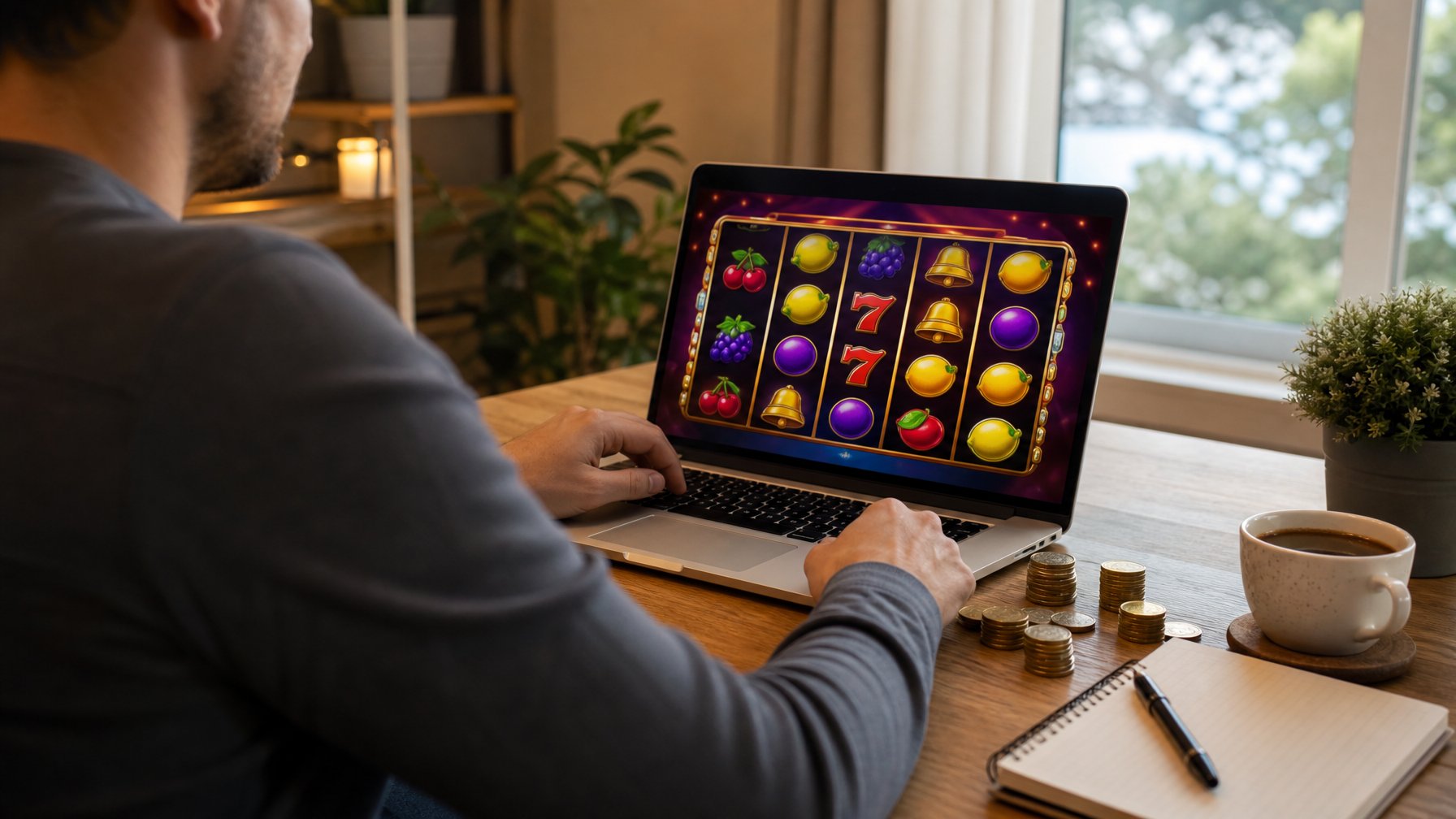 Seseorang sedang bermain slot online di laptop dengan beberapa koin dan buku catatan di meja dalam ruangan yang nyaman.