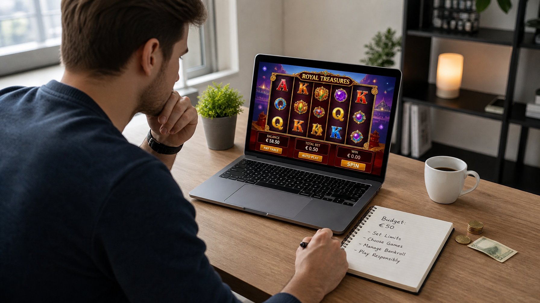 Seorang dewasa muda duduk di meja dengan laptop yang menampilkan permainan slot online, sambil mencatat dan memperhatikan dengan serius.