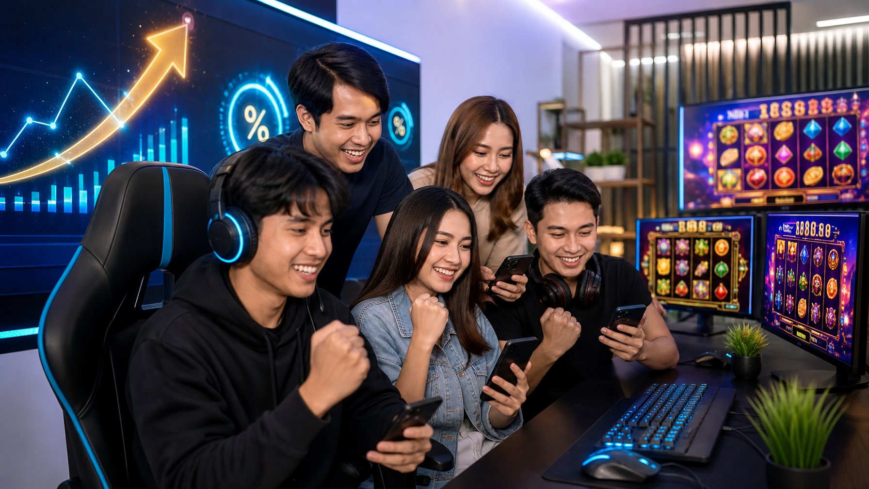 Beberapa pemain Indonesia sedang bermain slot online dengan perangkat komputer dan ponsel di lingkungan yang modern dan cerah.