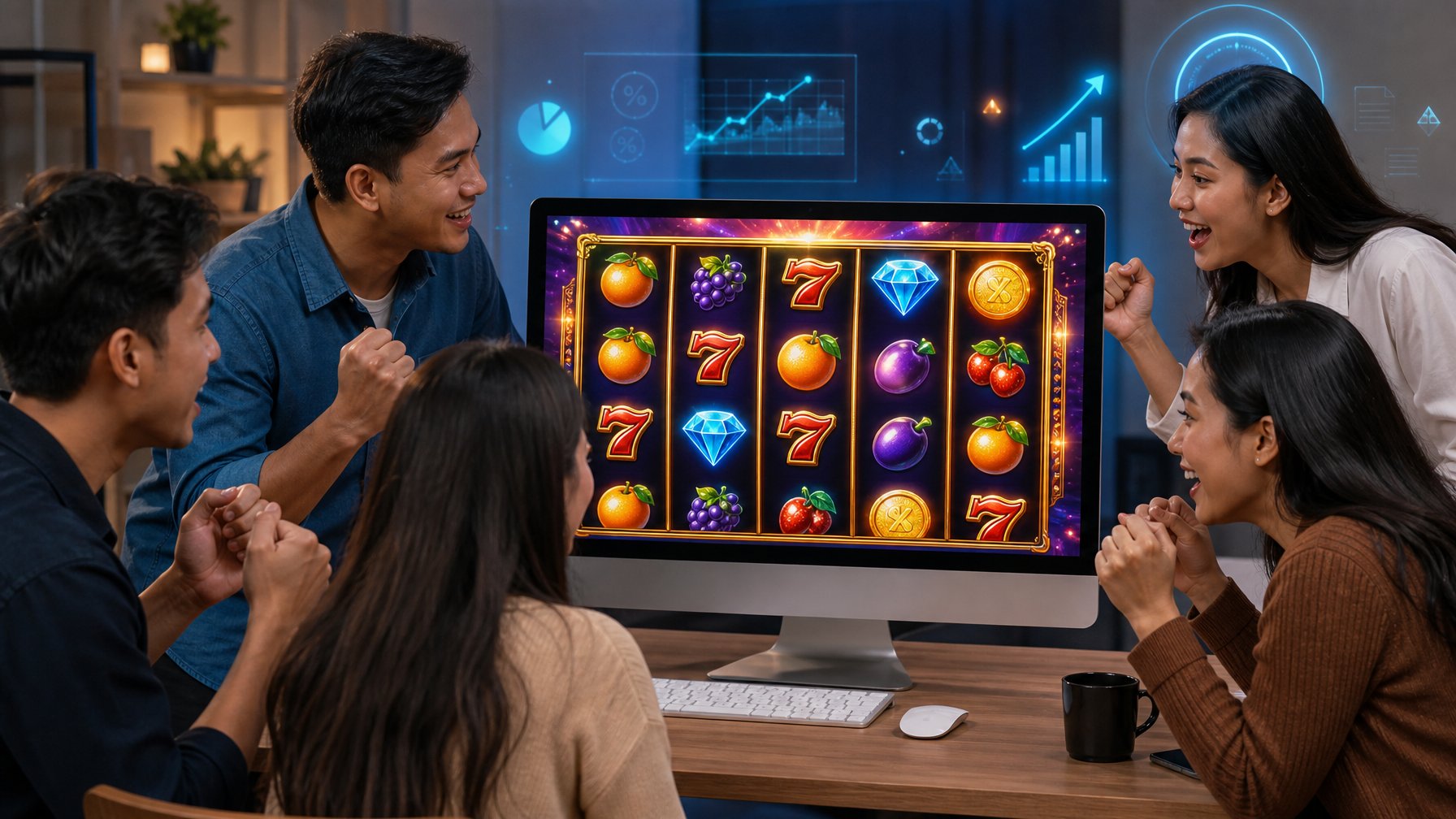 Beberapa pemain Indonesia sedang bermain slot online di komputer dengan layar menampilkan permainan slot berwarna-warni di ruangan modern.