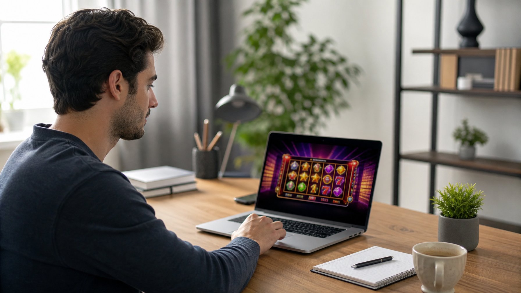 Seorang pria muda sedang duduk di meja dengan laptop, fokus bermain permainan slot online dalam ruangan yang terang dan rapi.