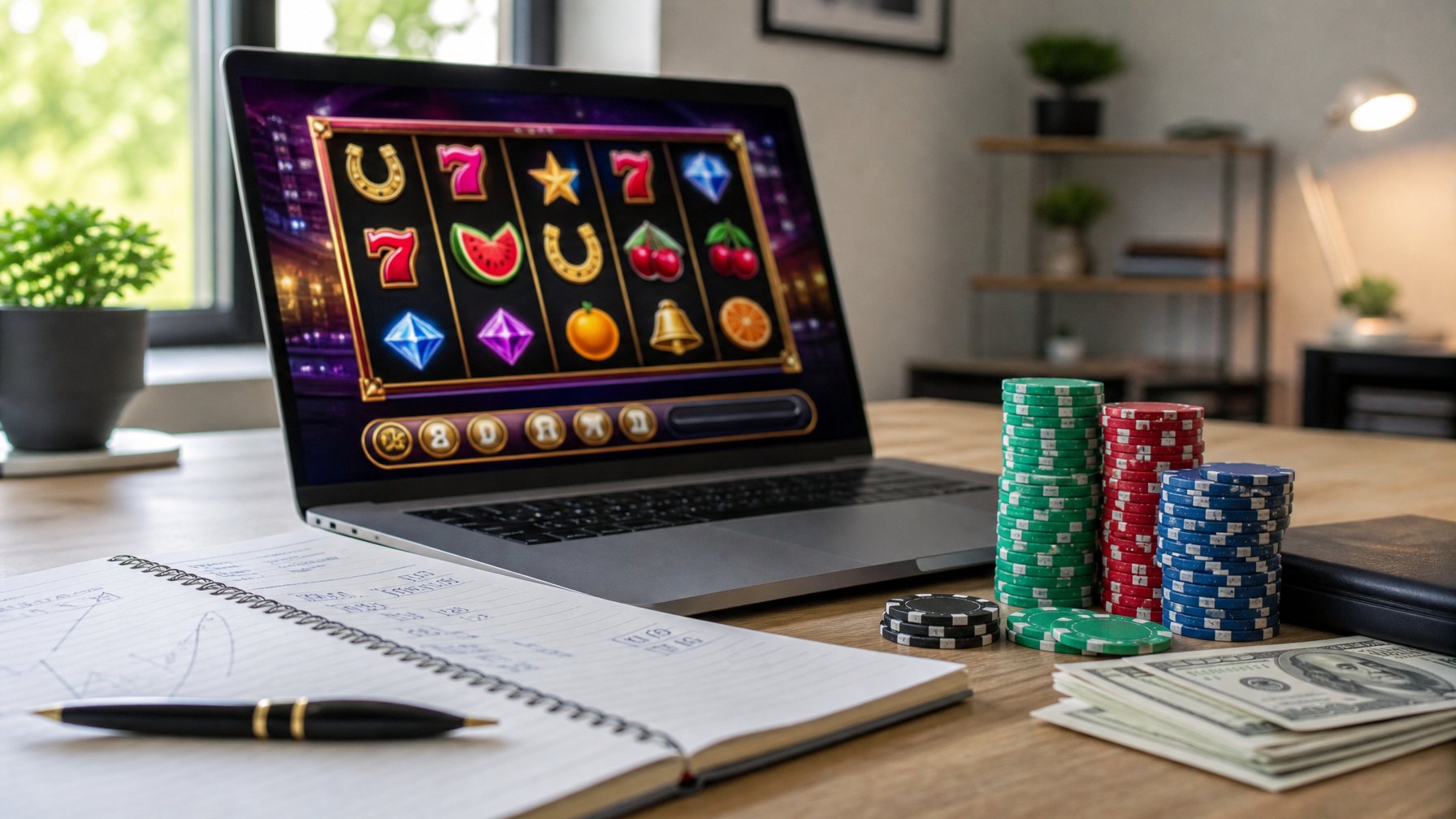 Meja kerja dengan laptop menampilkan permainan slot online, buku catatan dengan catatan, dan tumpukan chip poker serta uang di sekitarnya.