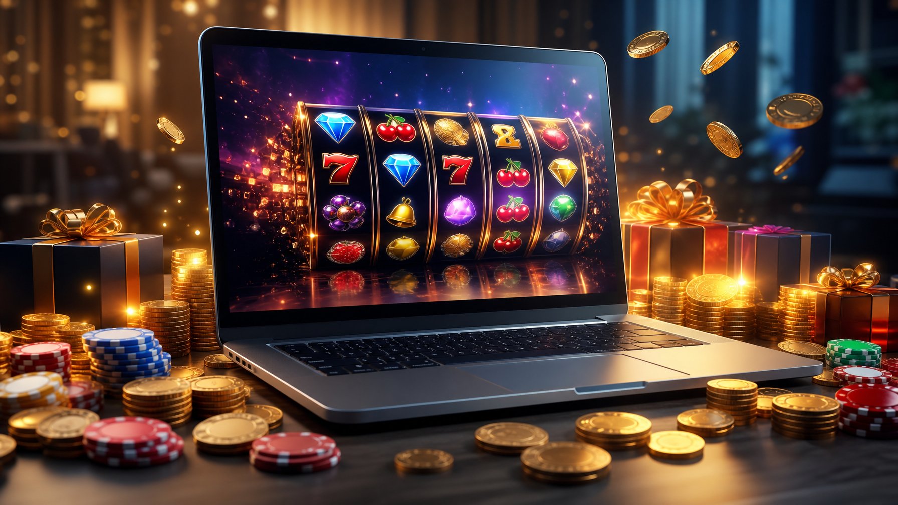 Sebuah layar komputer menampilkan permainan slot online dengan koin emas dan hadiah di sekitarnya.