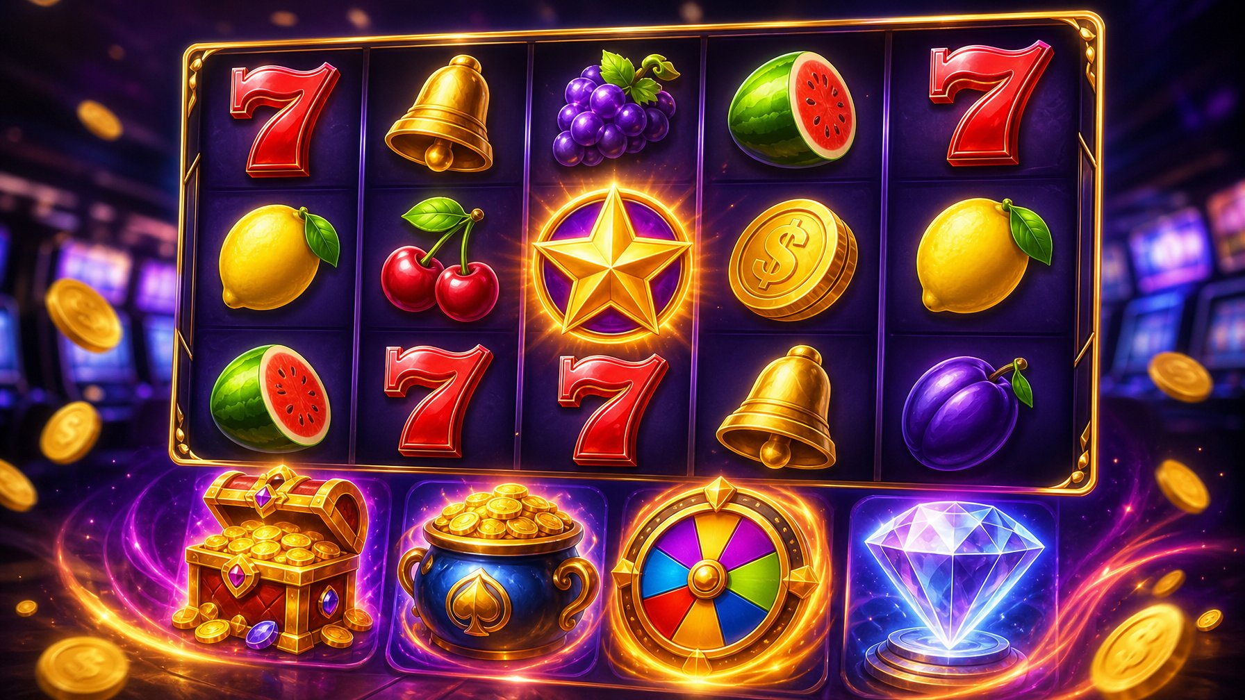 Layar mesin slot online dengan simbol bonus dan putaran gratis yang berwarna-warni dan menarik.