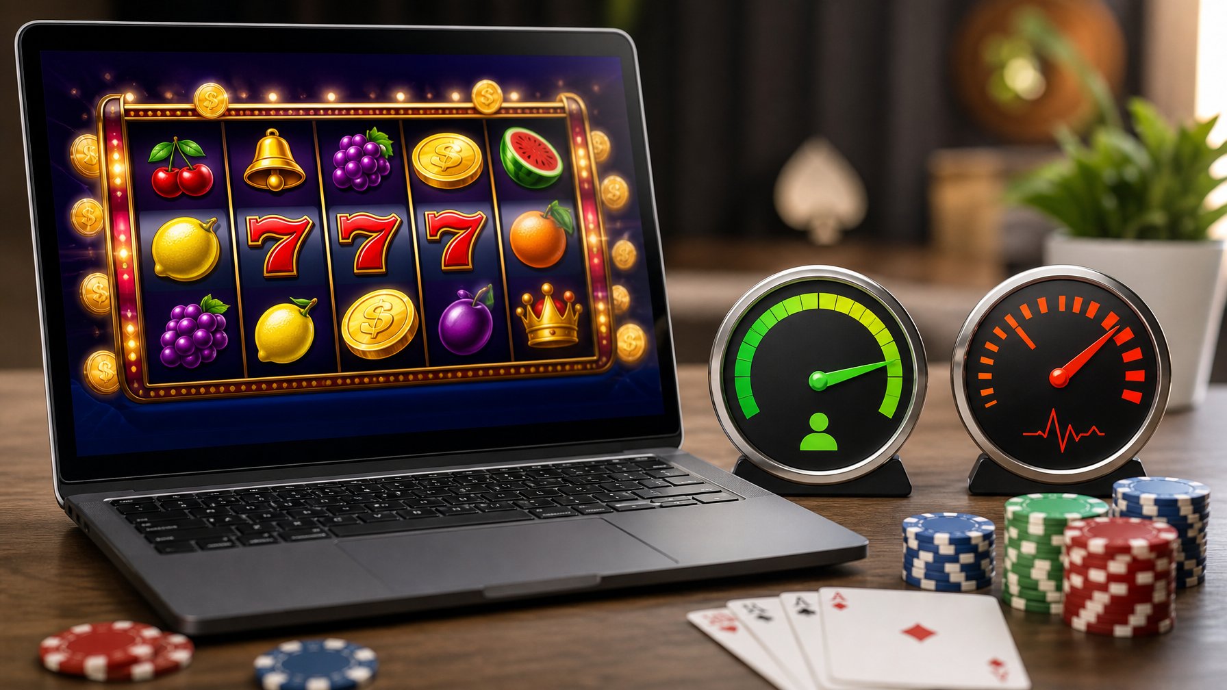 Tampilan komputer dengan permainan slot online dan indikator RTP tinggi serta volatilitas tinggi di meja kerja yang rapi.
