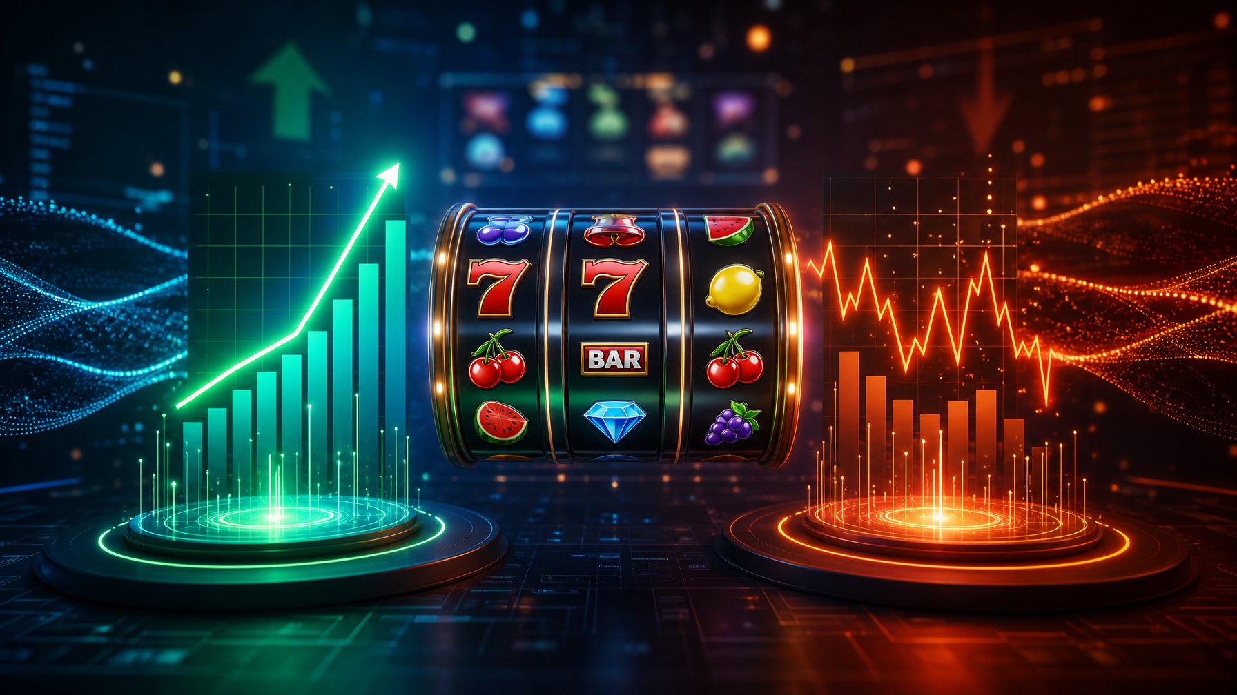 Tampilan antarmuka digital dengan gulungan mesin slot berwarna-warni dan grafik yang menunjukkan perbedaan antara RTP tinggi dan volatilitas tinggi pada permainan slot online.