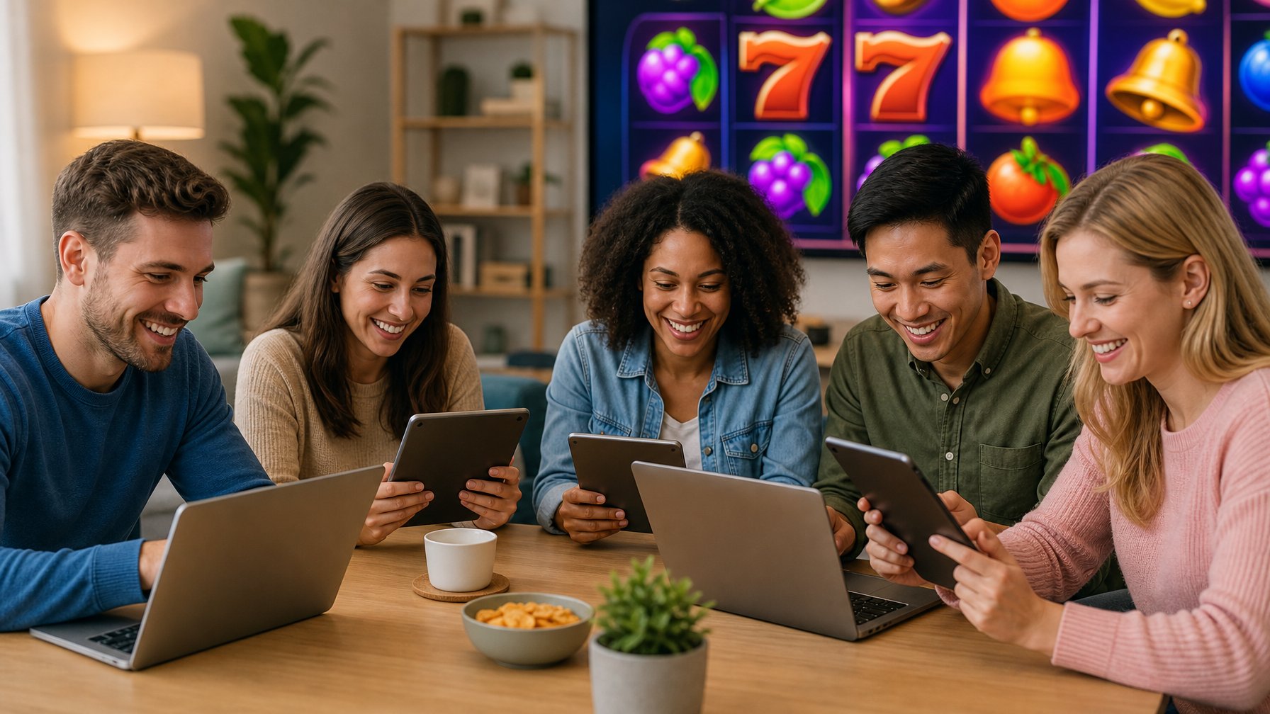 Beberapa orang muda sedang bermain permainan slot online dengan perangkat digital di ruangan yang nyaman dan terang.