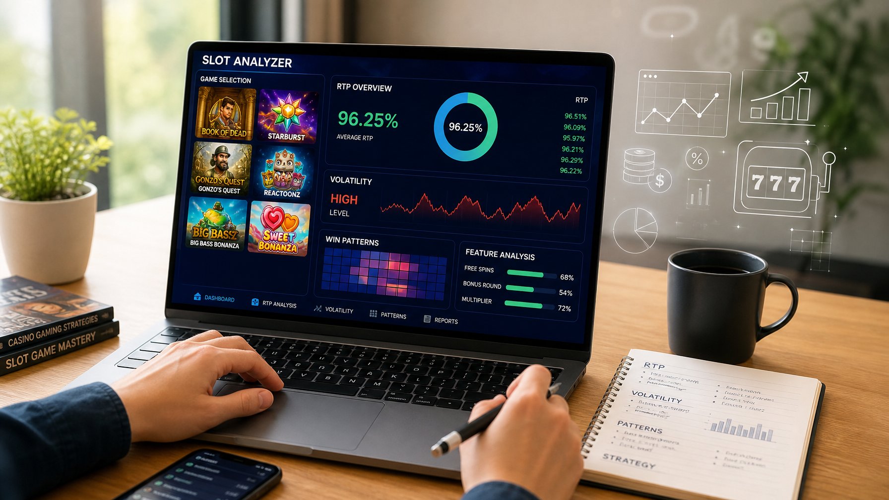 Seseorang sedang menganalisis data permainan slot online di laptop di meja kerja yang rapi.