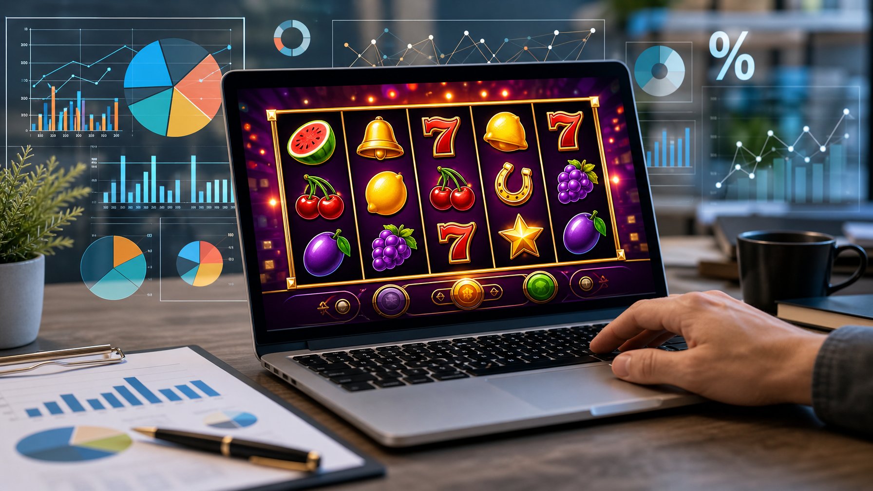 Sebuah komputer dengan layar menampilkan permainan slot online berwarna-warni, dikelilingi oleh grafik dan diagram yang menggambarkan analisis data, dengan tangan seseorang yang sedang berinteraksi dengan perangkat tersebut.
