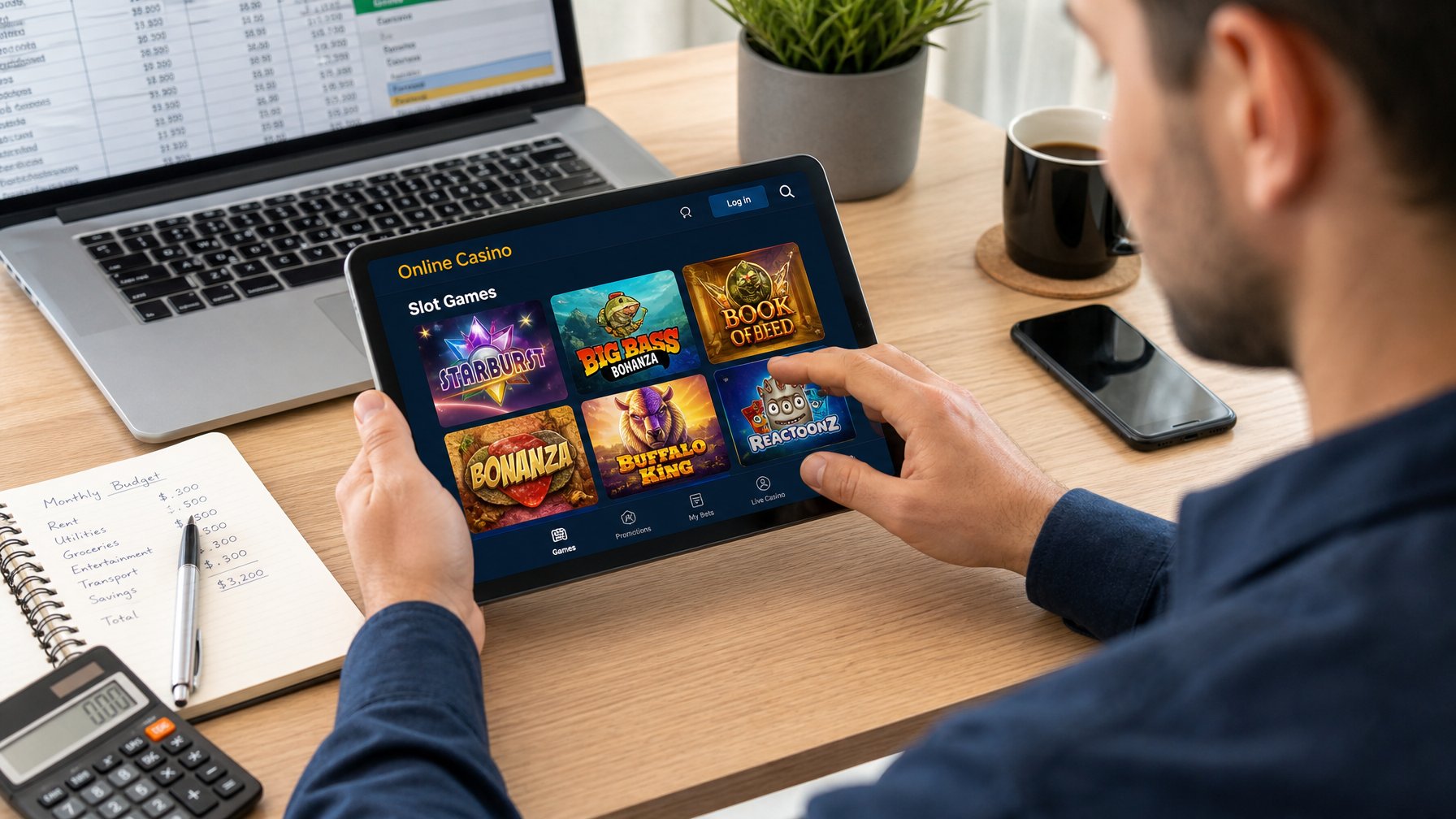 Seseorang sedang memilih permainan slot online menggunakan tablet di meja kerja dengan laptop dan alat tulis.