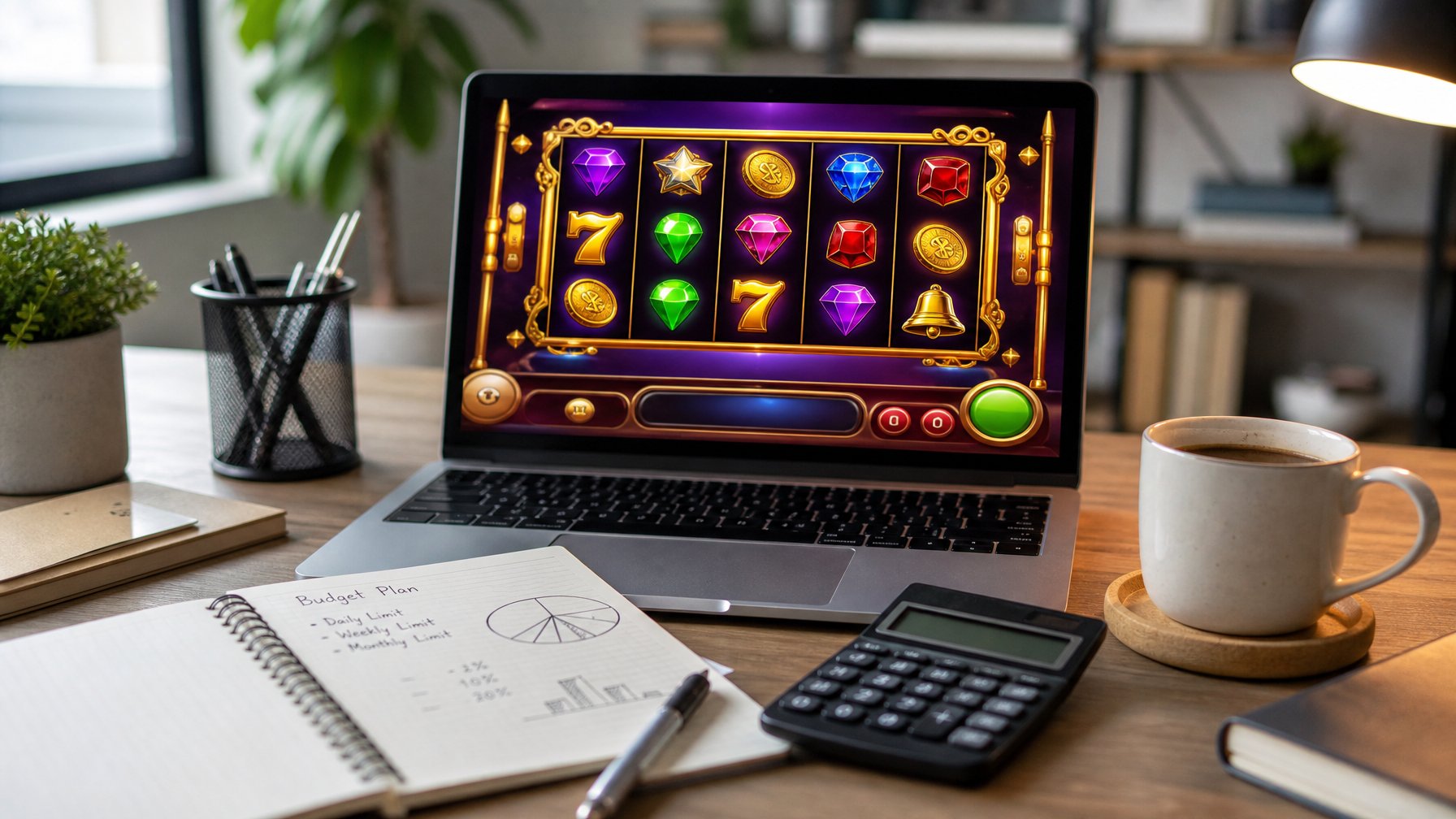 Seseorang sedang menggunakan komputer dengan permainan mesin slot online di layar, di meja terdapat catatan dan kalkulator.