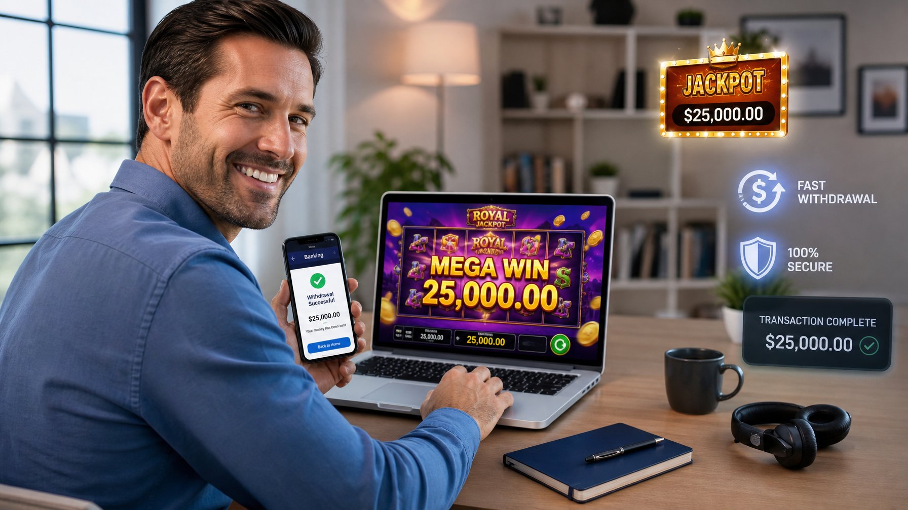 Seorang pria tersenyum menggunakan laptop dengan permainan slot online di layar, di meja kerja modern dengan ponsel dan ikon transaksi keuangan di latar belakang.