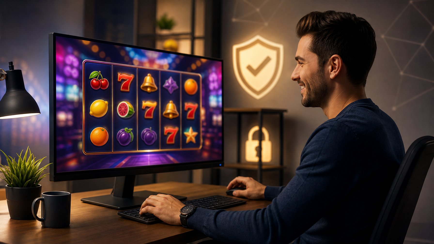 Seorang dewasa muda duduk di depan komputer dengan permainan slot online yang berwarna-warni di layar, di ruangan yang terang dan modern.