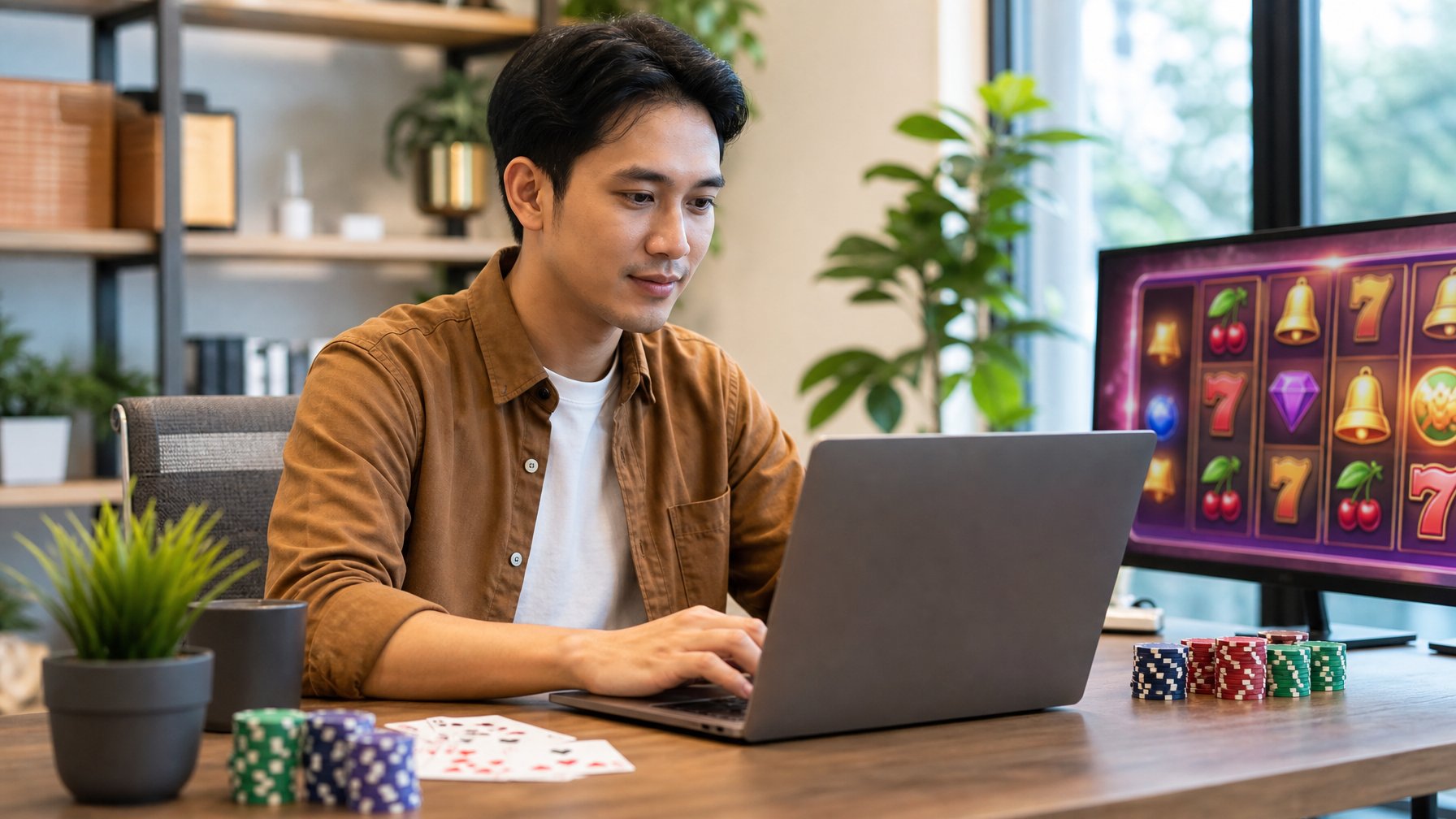 Seorang pria muda Indonesia duduk di meja dengan laptop, dikelilingi elemen permainan slot yang lembut dan suasana ruangan yang tenang dan rapi.