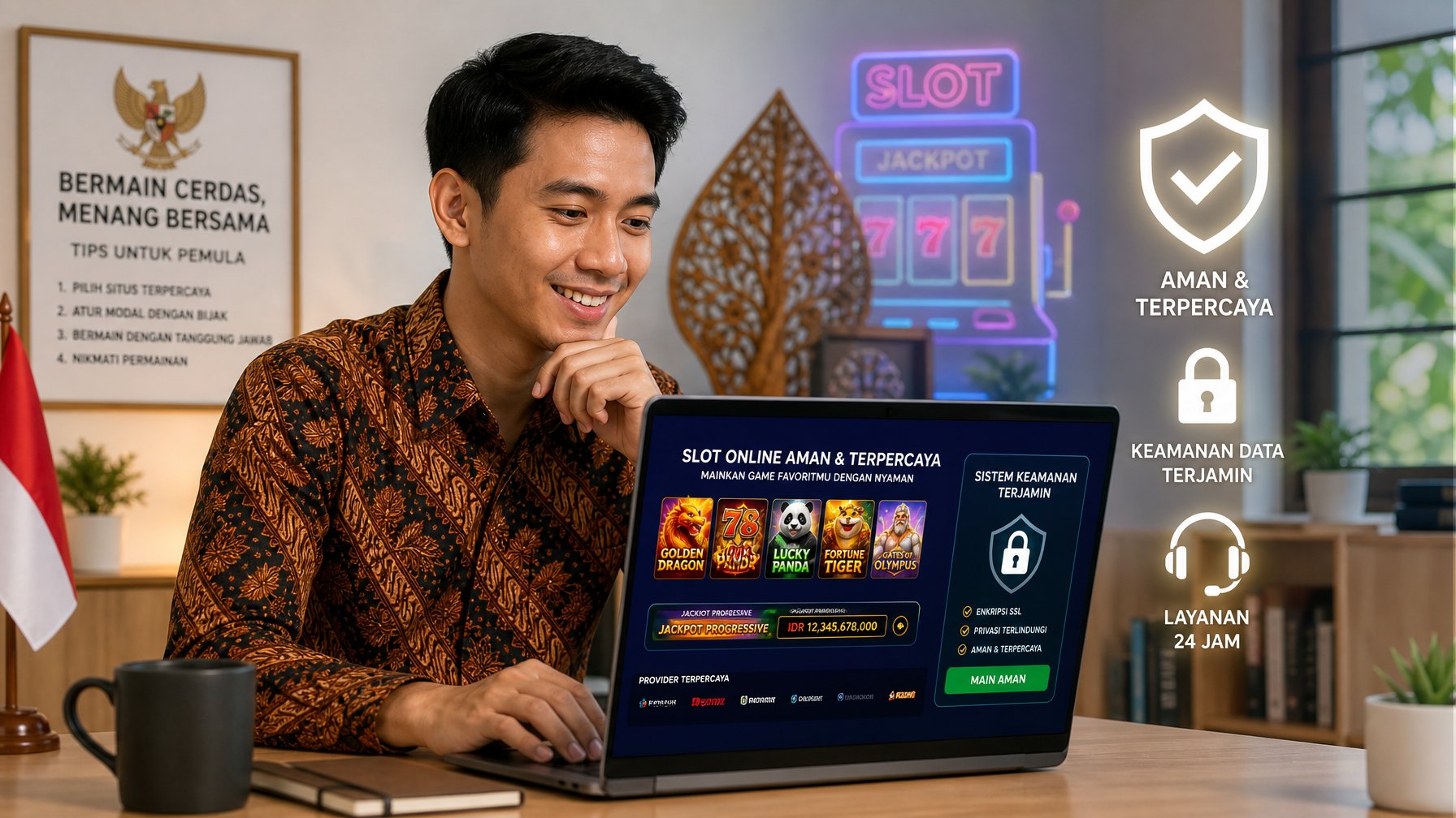 Seorang pria muda Indonesia duduk di meja dengan laptop, fokus pada layar yang menampilkan situs slot online yang aman, di ruang kerja rumah yang terang dan rapi.