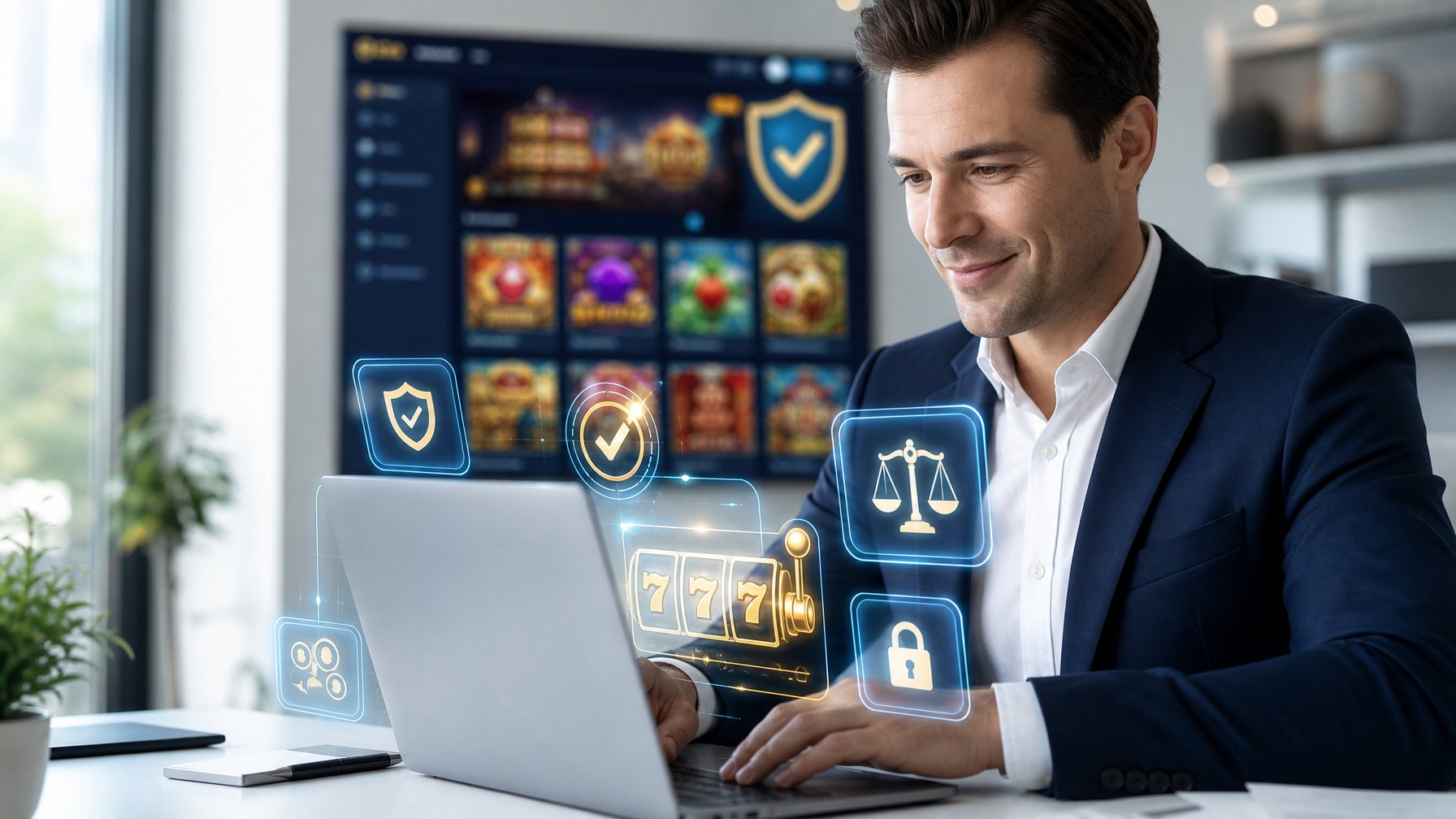 Seorang profesional menggunakan laptop di kantor modern dengan ikon permainan slot dan simbol lisensi resmi di latar belakang.