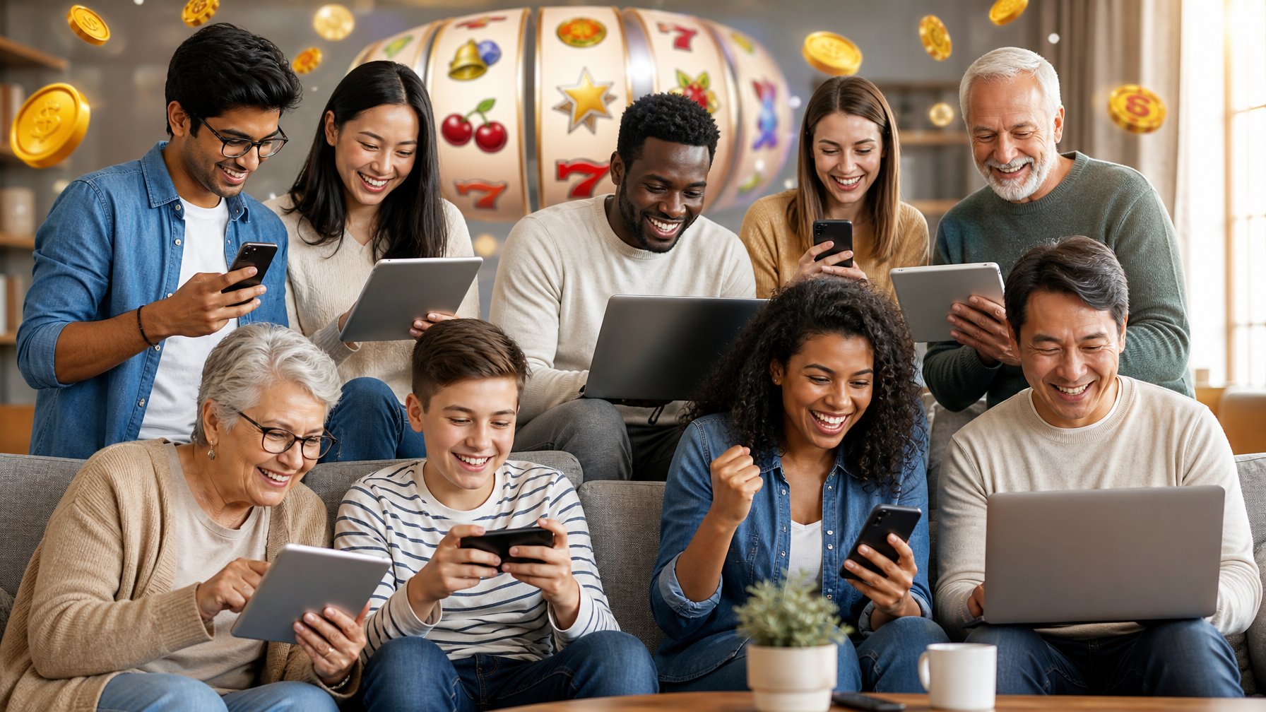 Sekelompok orang dari berbagai usia dan latar belakang sedang menggunakan perangkat mereka untuk bermain permainan slot online dengan ekspresi senang.