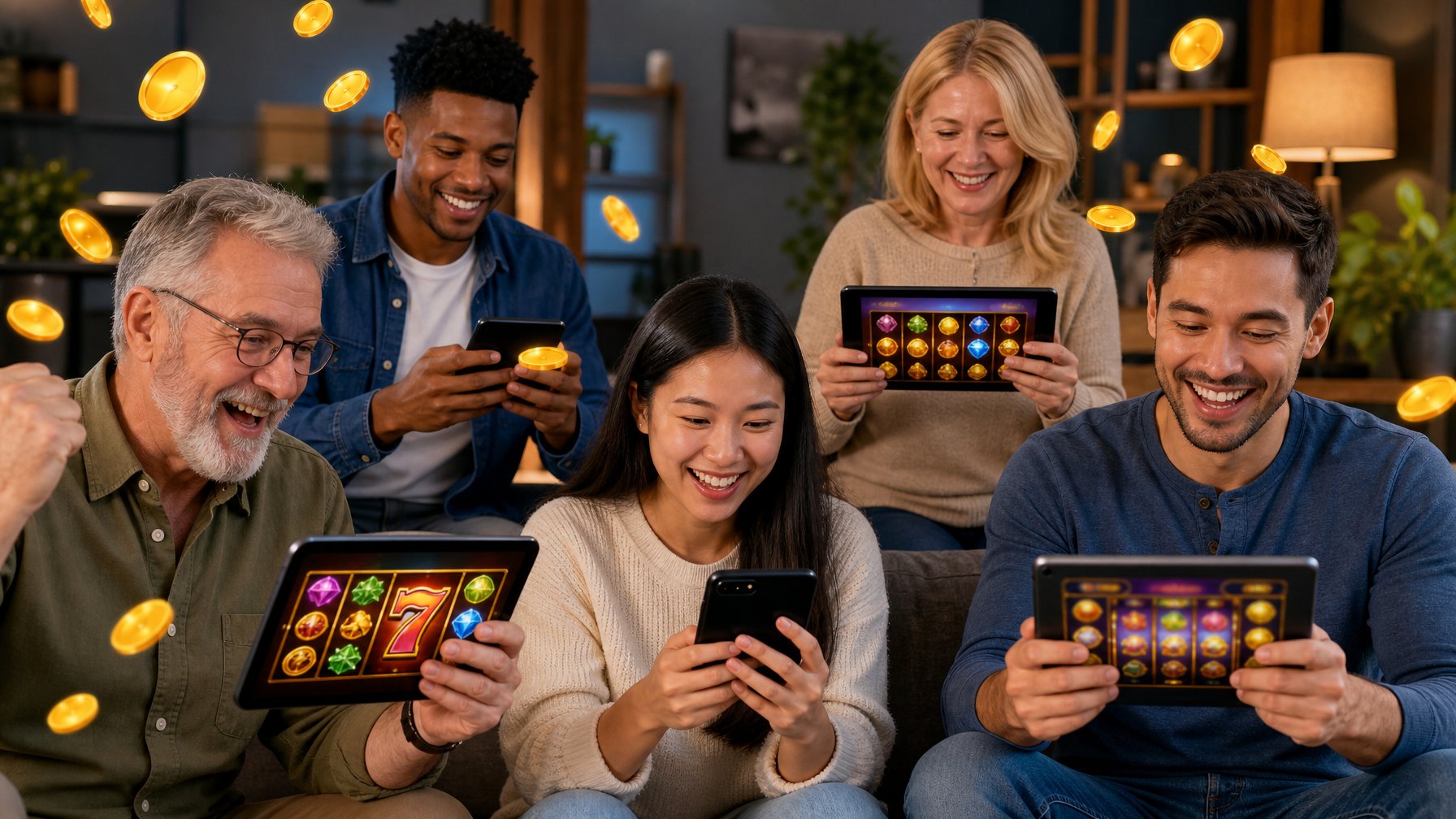 Beberapa orang dari berbagai usia sedang menikmati permainan slot online di perangkat digital di sebuah ruangan yang nyaman.