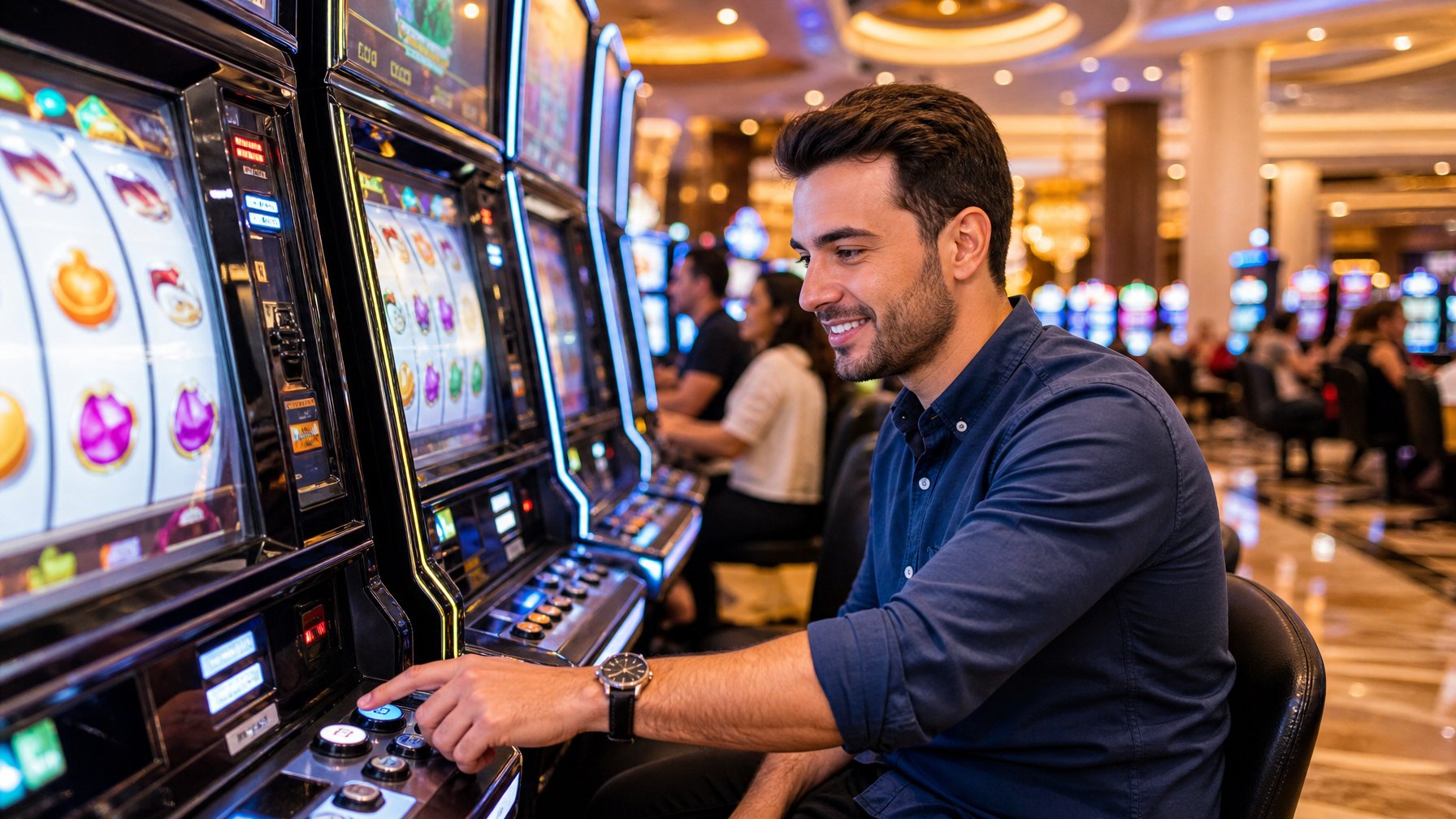 Seorang pria muda bermain mesin slot di dalam kasino modern dengan suasana cerah dan penuh semangat.