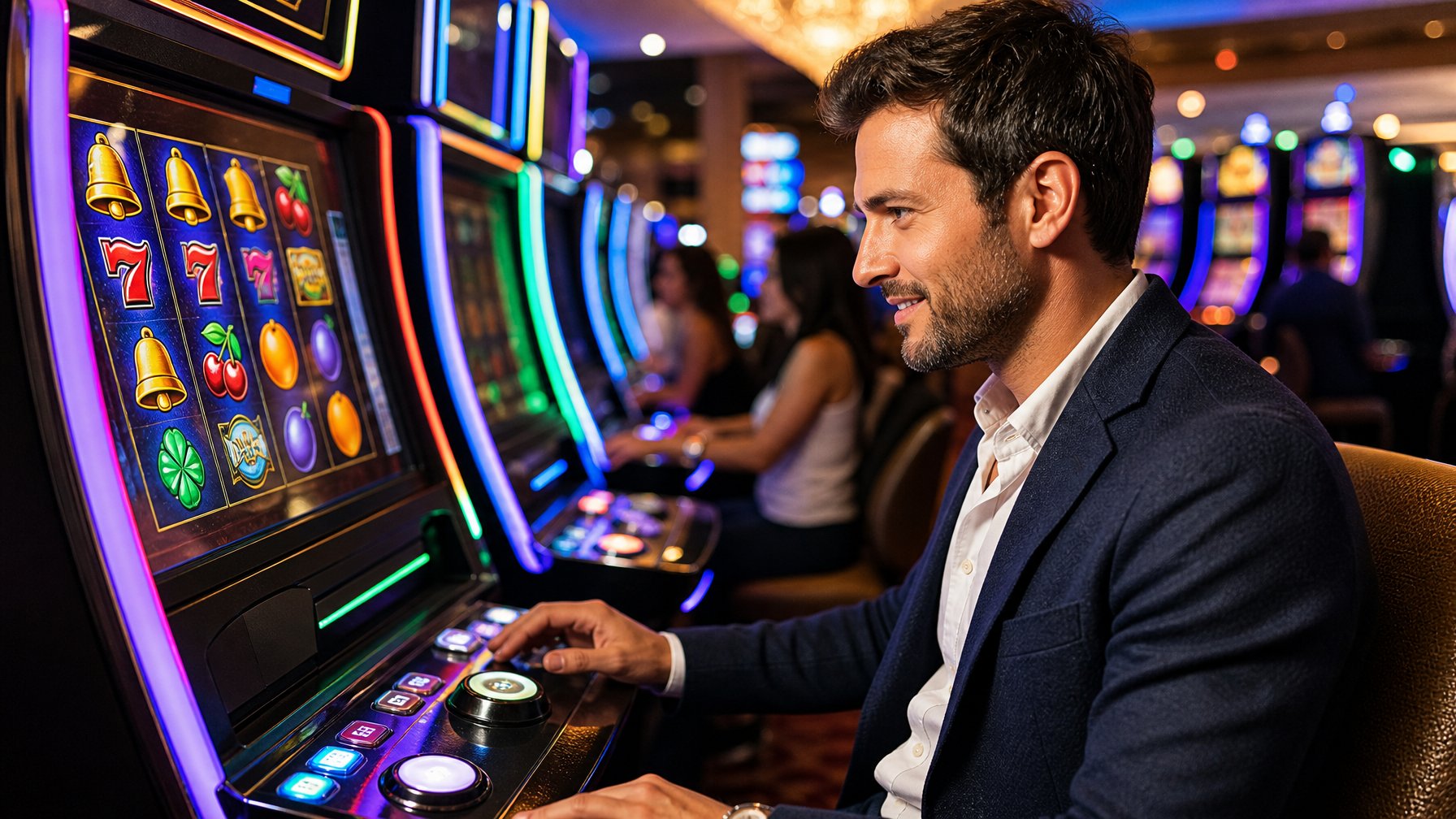 Seorang pria duduk di depan mesin slot di kasino dengan ekspresi fokus dan senyum tipis, dikelilingi oleh mesin slot lainnya dan suasana kasino yang ramai.