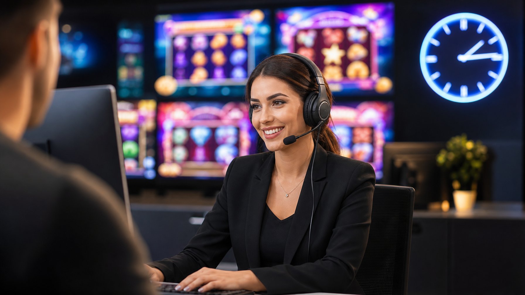 Seorang perwakilan layanan pelanggan dengan headset tersenyum di depan komputer di kantor modern dengan layar menampilkan permainan slot digital.