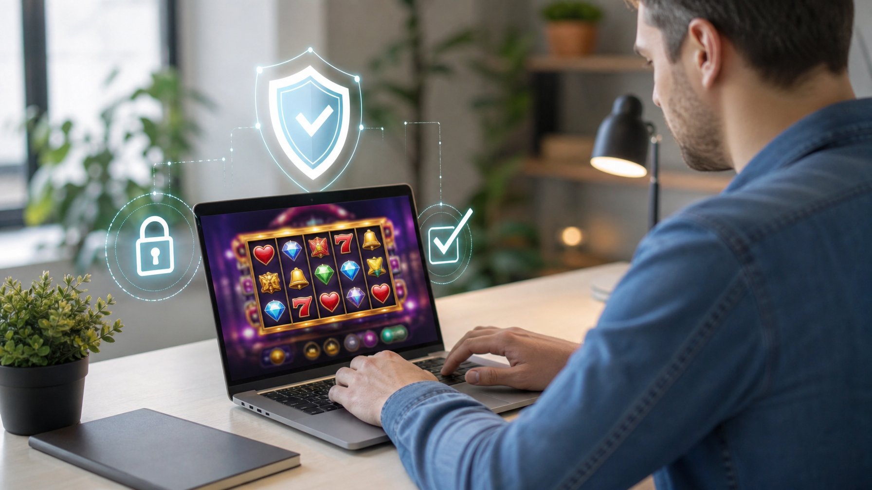 Seseorang menggunakan laptop dengan layar menampilkan permainan slot online, di lingkungan yang bersih dan terang dengan simbol keamanan digital di sekitar.