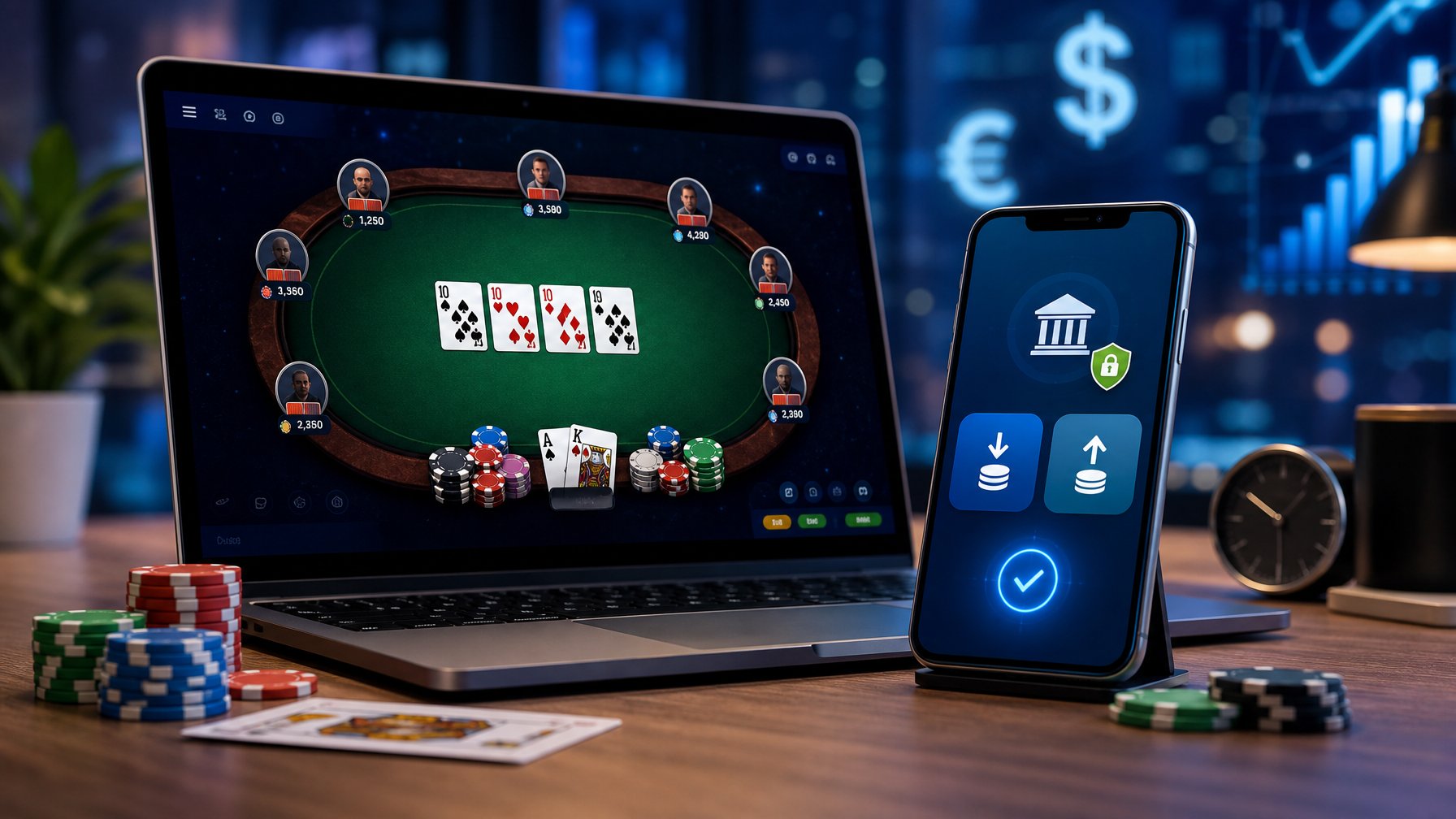 Sebuah meja kerja dengan laptop menampilkan permainan poker online dan smartphone menunjukkan aplikasi perbankan, menggambarkan proses deposit dan withdraw cepat selama 24 jam.