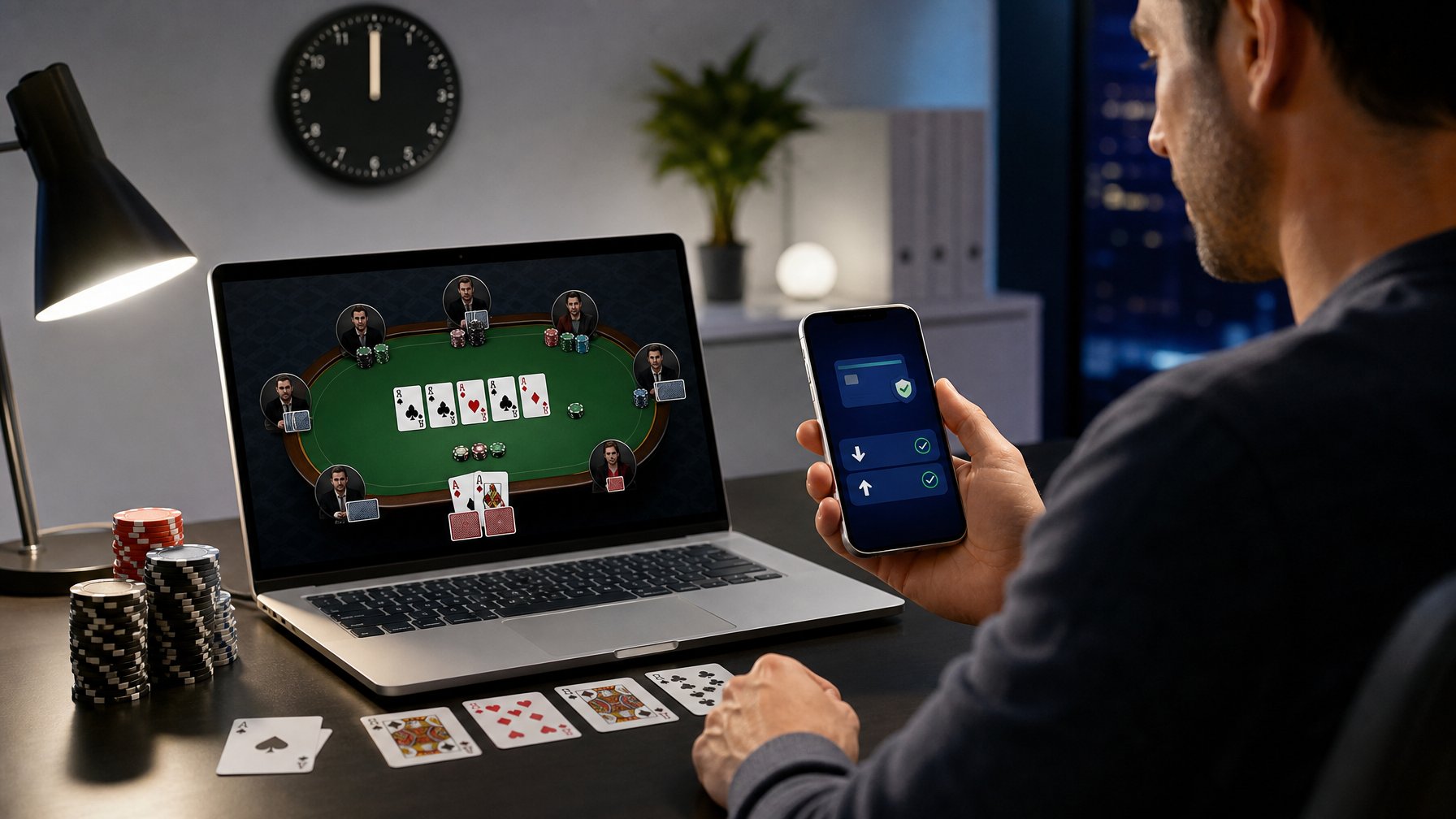 Seorang pria menggunakan laptop dan ponsel di meja dengan kartu poker dan chip, menunjukkan suasana permainan poker online dan transaksi cepat.
