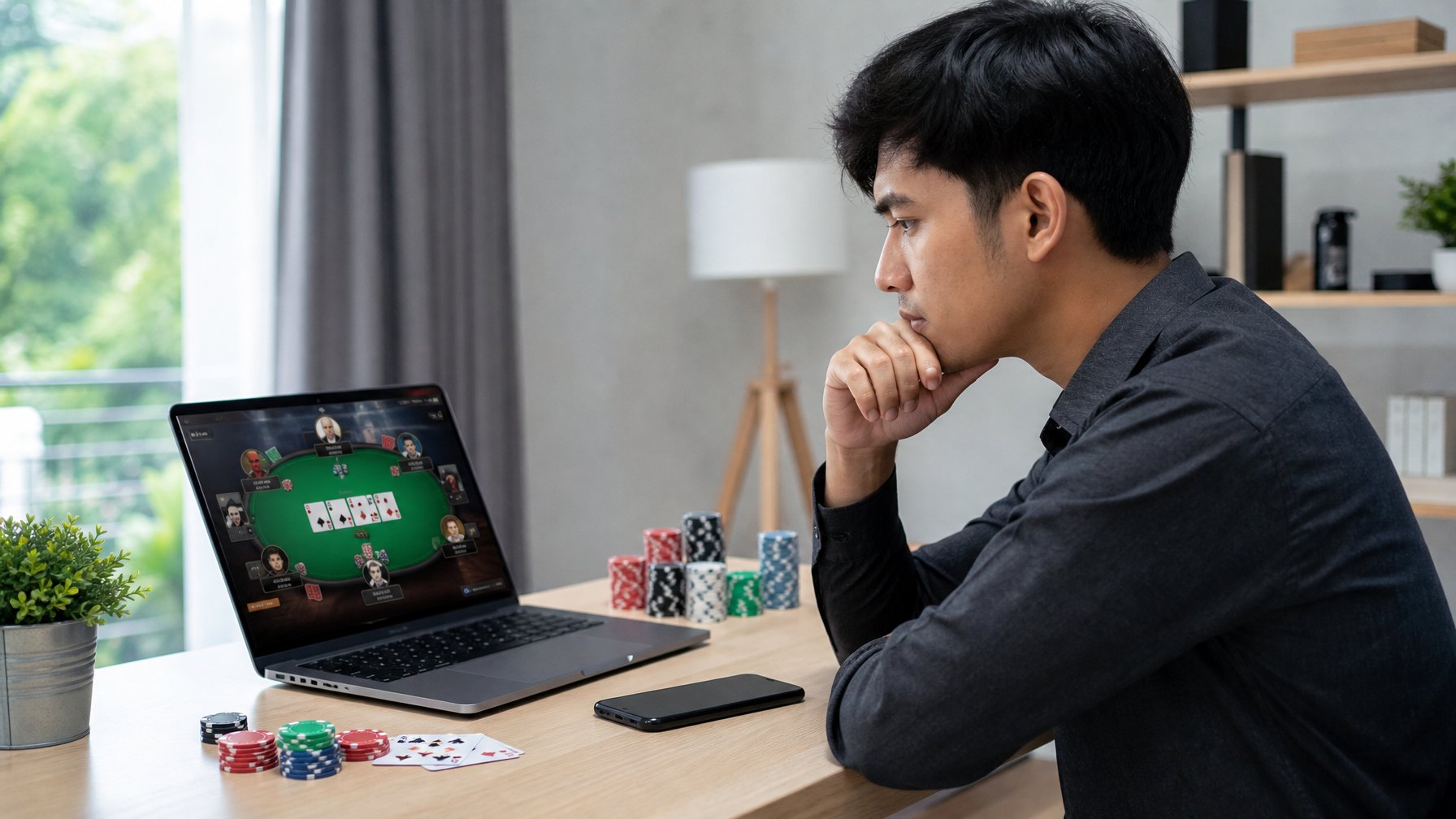 Seorang pria muda Indonesia duduk di meja dengan laptop, fokus bermain poker online dengan kartu dan chip di dekatnya.