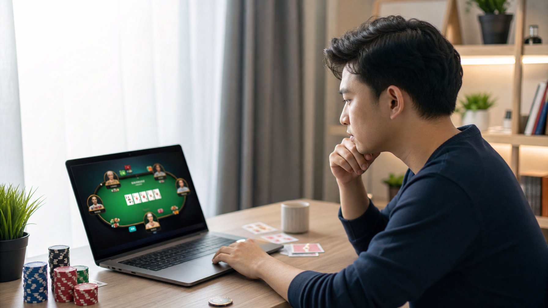 Seorang pemain poker pemula sedang duduk di depan laptop dengan permainan poker online terbuka, terlihat fokus memilih situs poker.