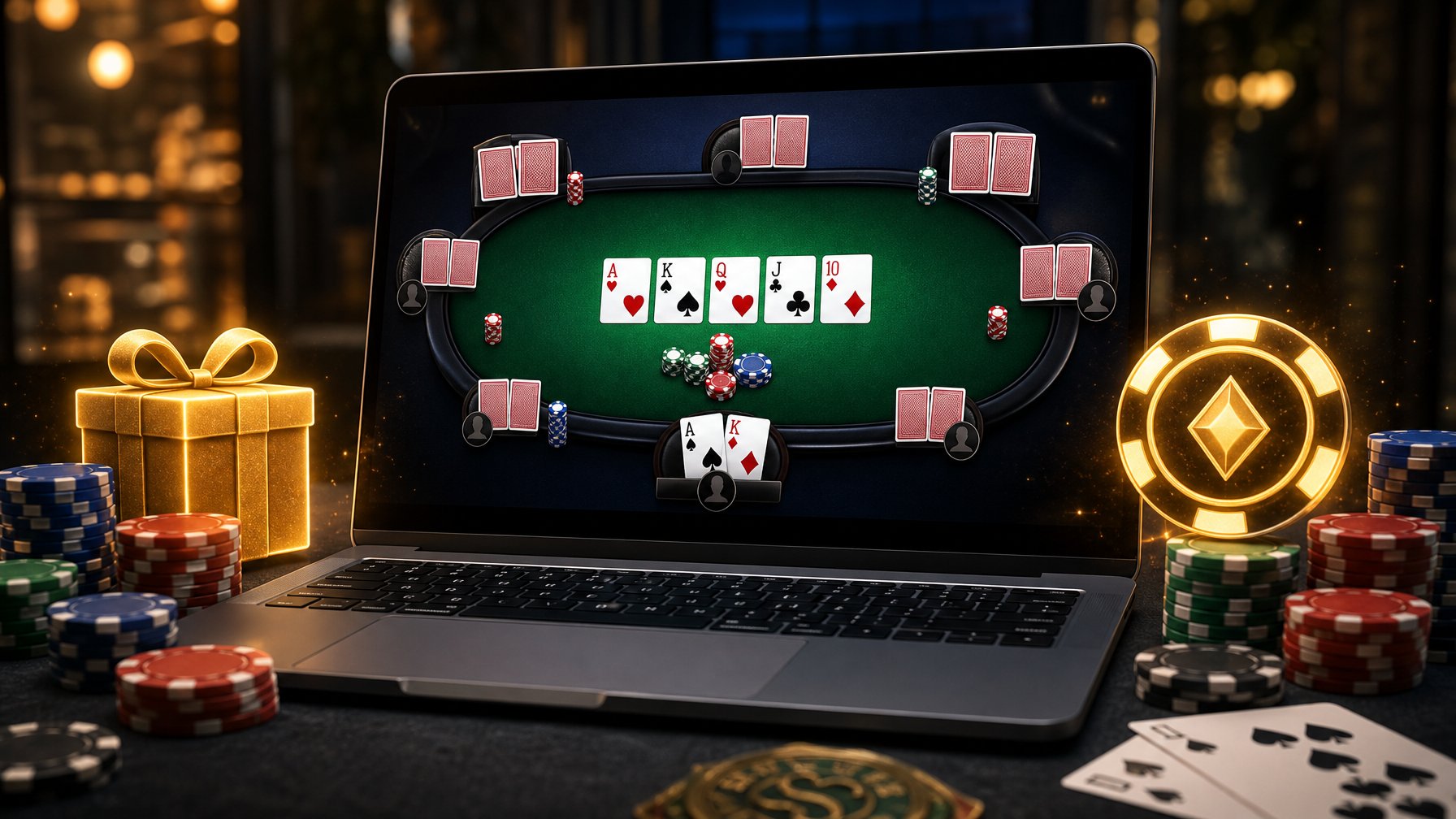 Seseorang sedang bermain poker online di laptop dengan tumpukan chip poker di meja.