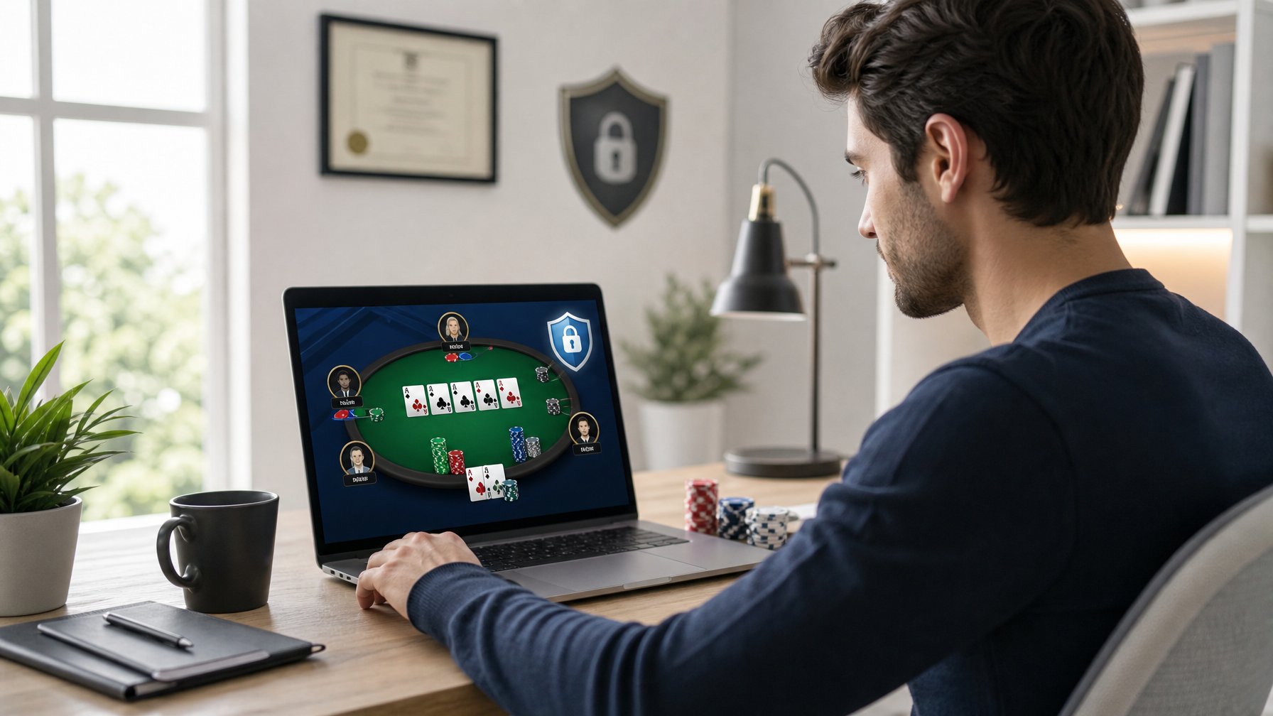Seseorang duduk di depan laptop di ruang kerja rumah yang terang, fokus pada permainan poker online di layar.