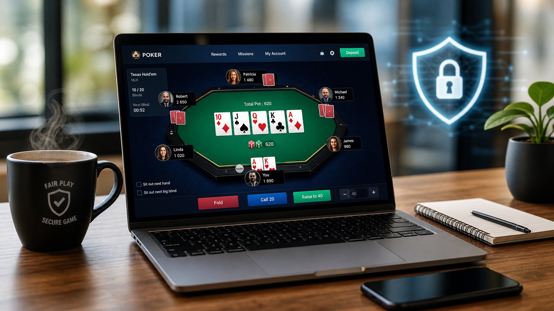 Seorang pemain poker online menggunakan laptop di meja kerja dengan kartu dan chip poker digital di layar, menunjukkan suasana permainan yang aman dan adil.