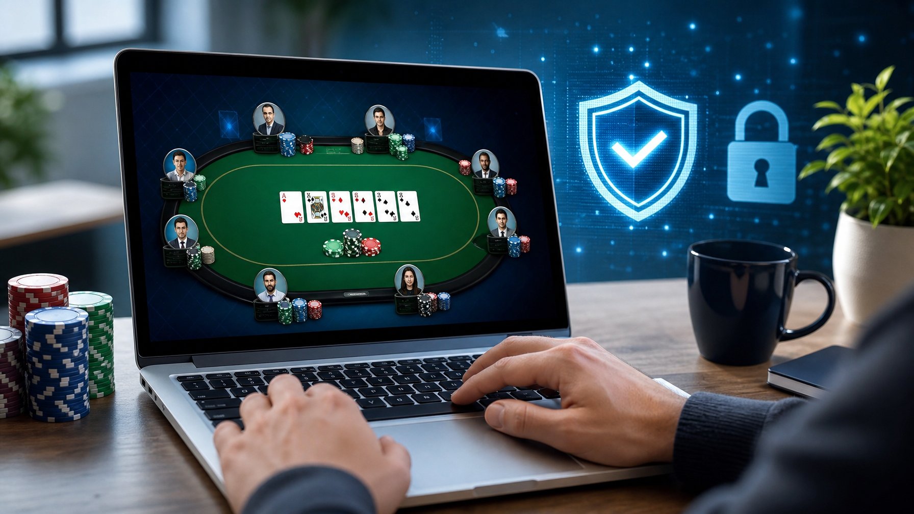 Seseorang menggunakan laptop dengan tampilan permainan poker online yang aman dan terpercaya di meja kerja modern.
