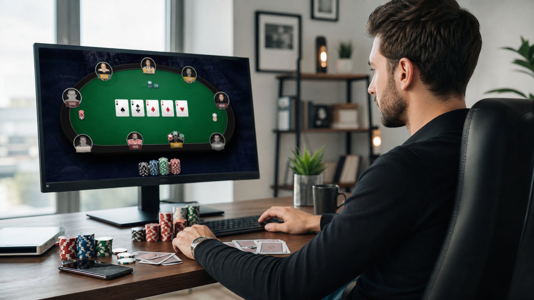 Seseorang sedang bermain poker online di depan komputer dengan chip dan kartu poker di meja dalam ruangan yang rapi dan terang.