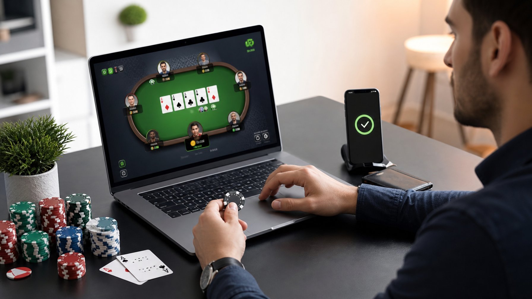Seorang profesional sedang menggunakan laptop dengan tampilan permainan poker online dan chip poker di meja.