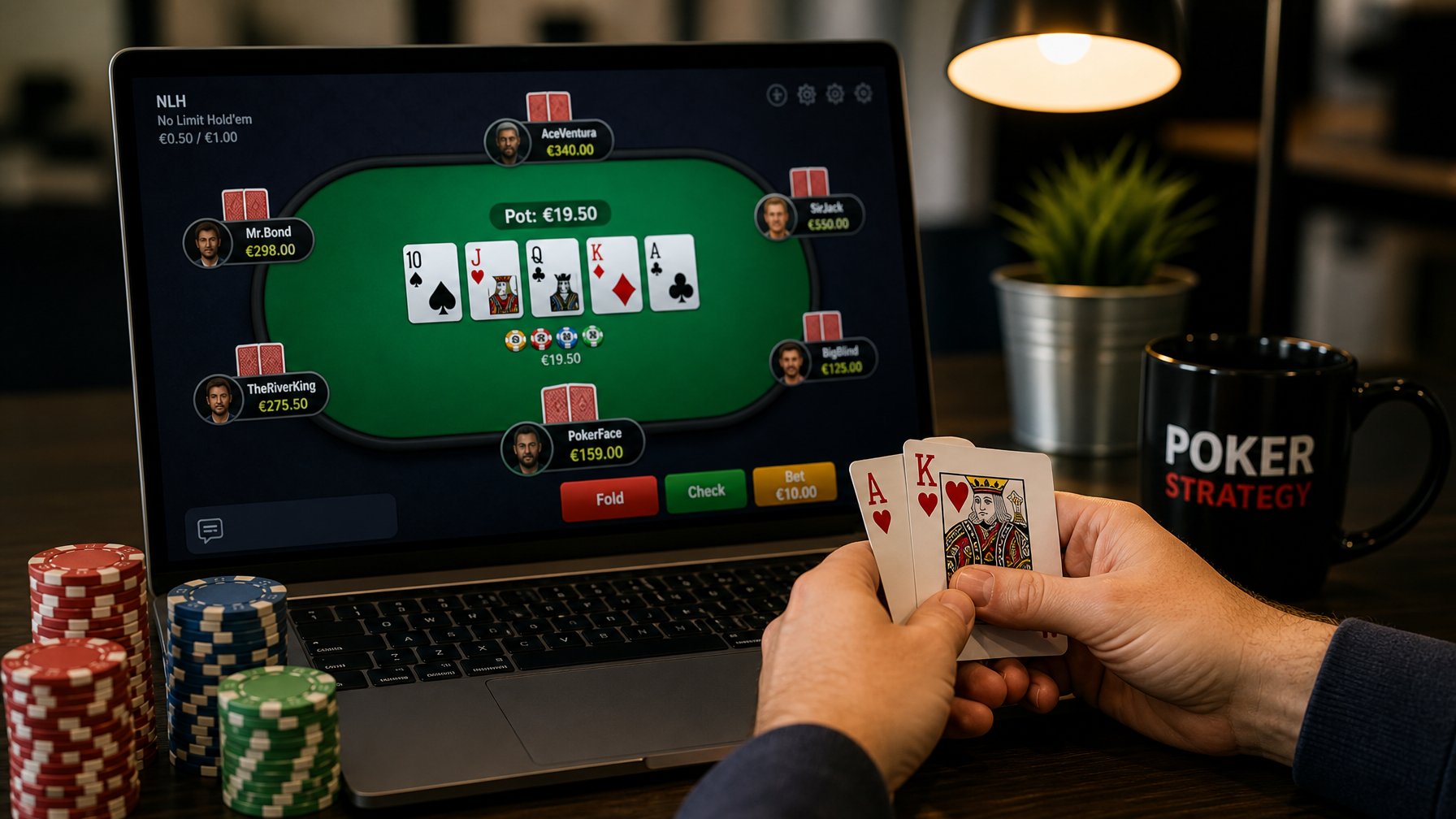 Seseorang sedang bermain poker online dengan laptop dan tumpukan chip poker di meja.
