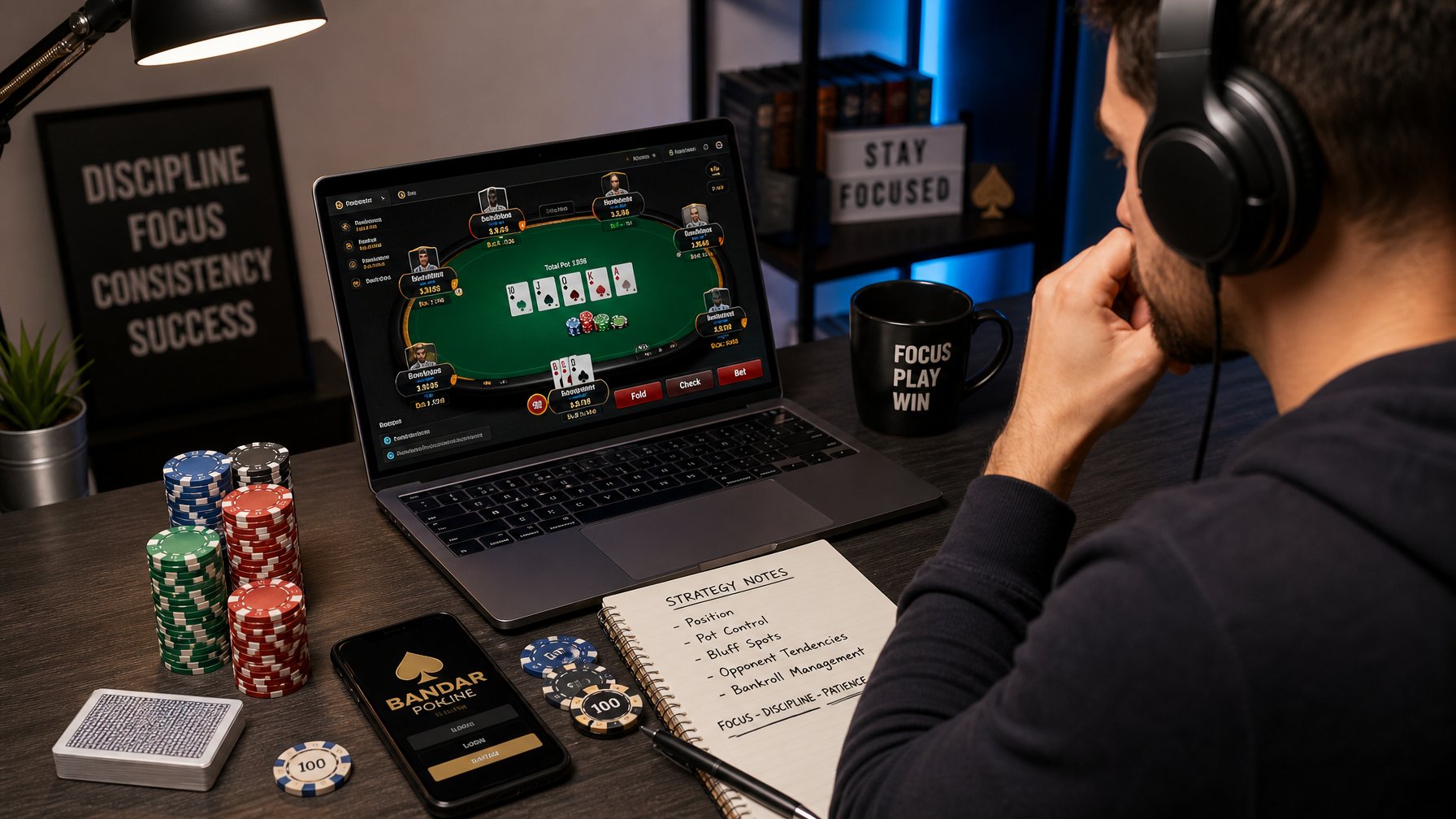 Seorang pria muda sedang fokus bermain poker online di depan laptop dengan chip dan kartu poker di meja.