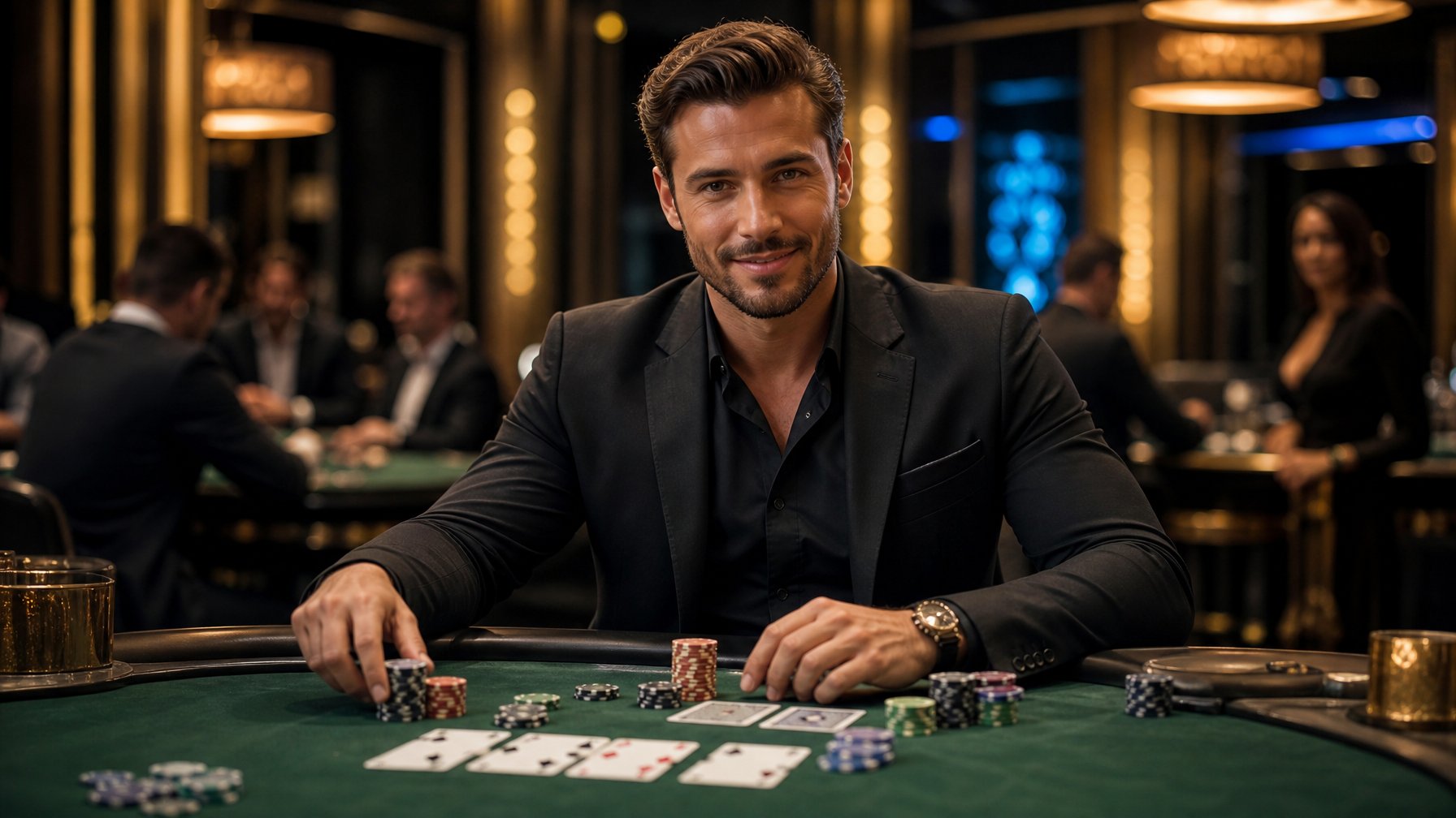Seorang pria percaya diri duduk di meja poker dengan kartu dan chip, di dalam kasino modern yang mewah.