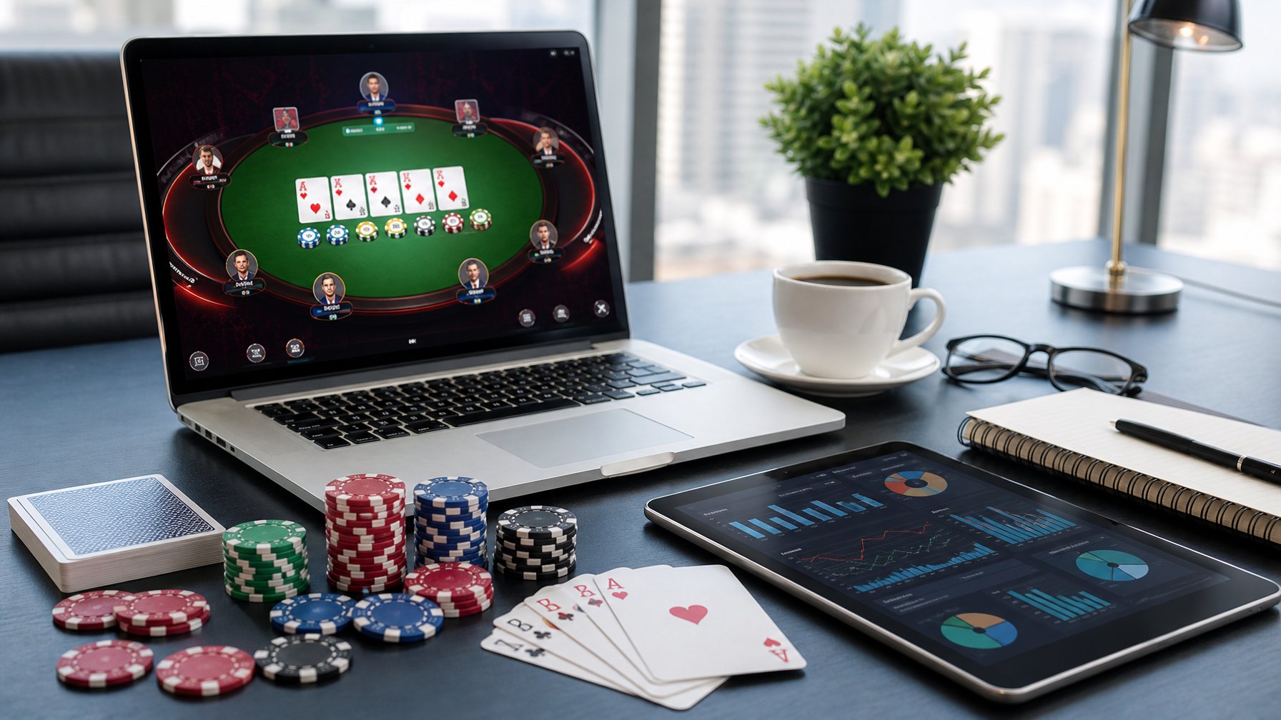 Seorang pemain poker online menggunakan laptop dengan tumpukan chip poker dan kartu di meja kerja yang rapi.
