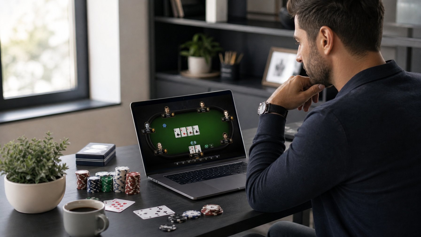 Seorang pria duduk di depan laptop di meja kerja modern dengan kartu remi dan chip poker di sekitarnya.