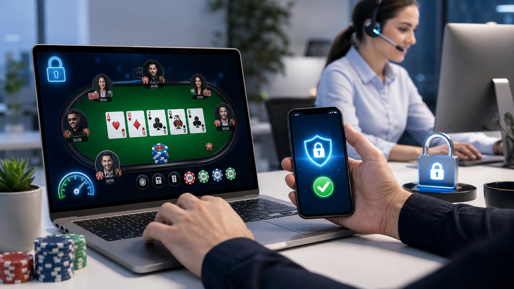 Seorang pengguna laptop bermain poker online dengan tampilan transaksi aman di layar, dan seorang petugas layanan pelanggan mengenakan headset sedang membantu di latar belakang.
