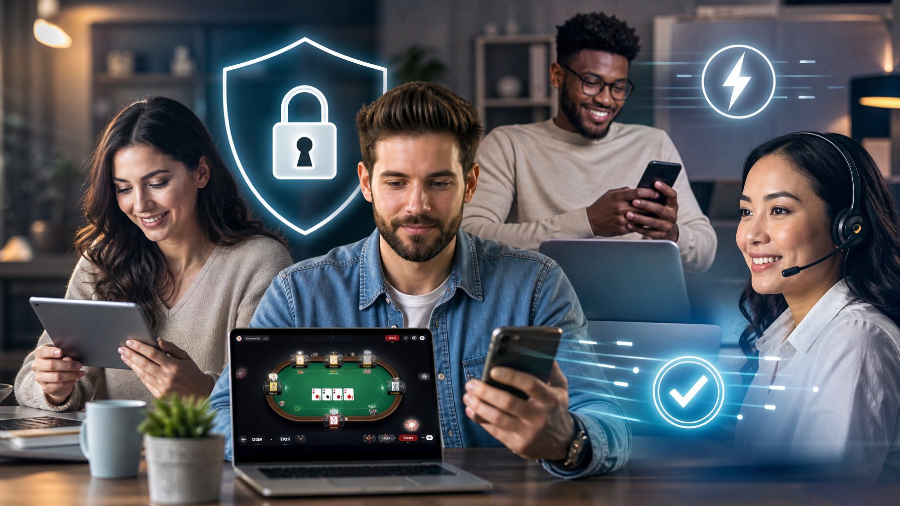 Sekelompok orang menggunakan perangkat digital untuk bermain poker online dengan latar belakang simbol keamanan dan layanan pelanggan.
