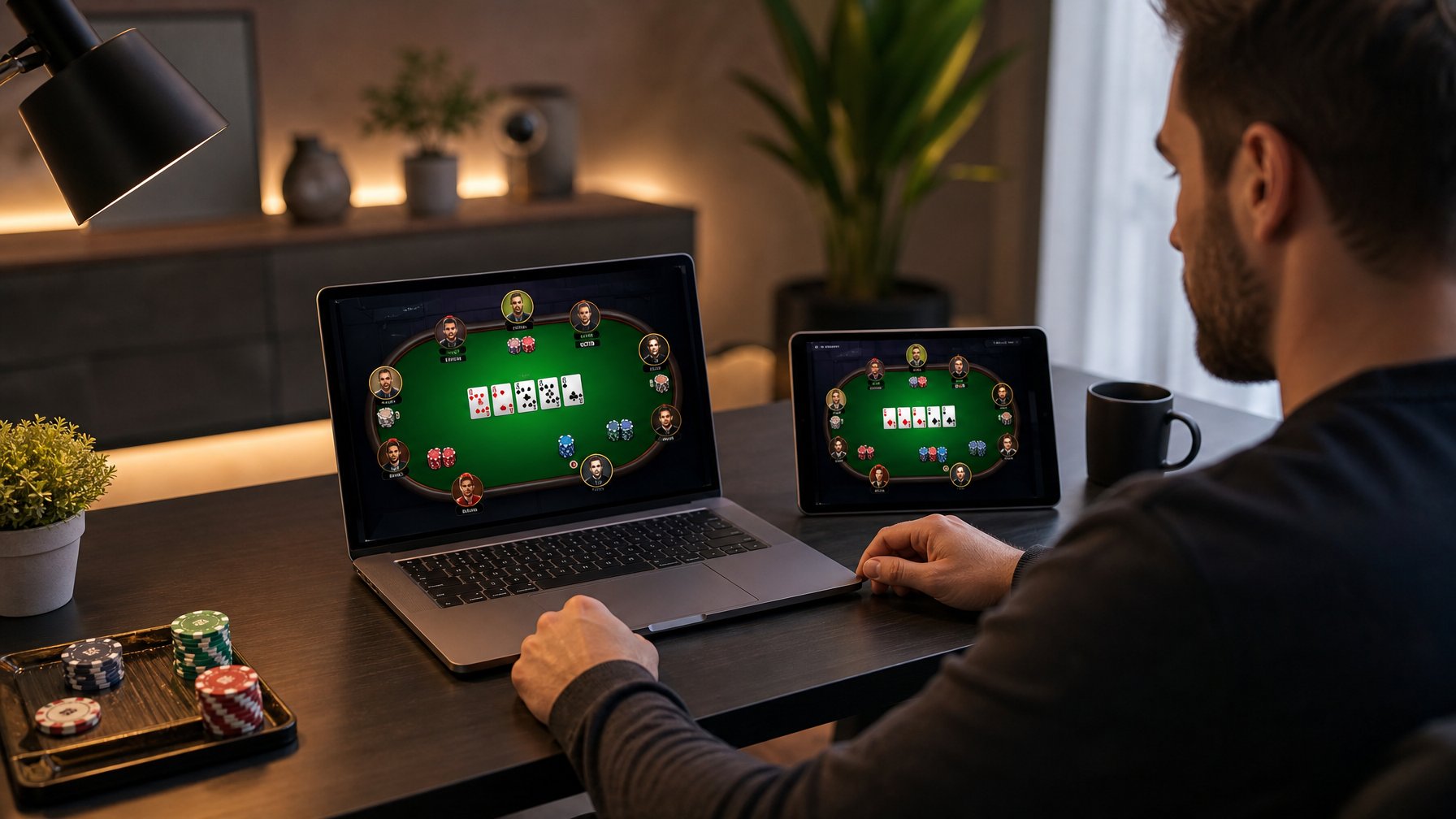 Seseorang duduk di meja dengan perangkat digital bermain poker online dalam suasana nyaman dan modern.