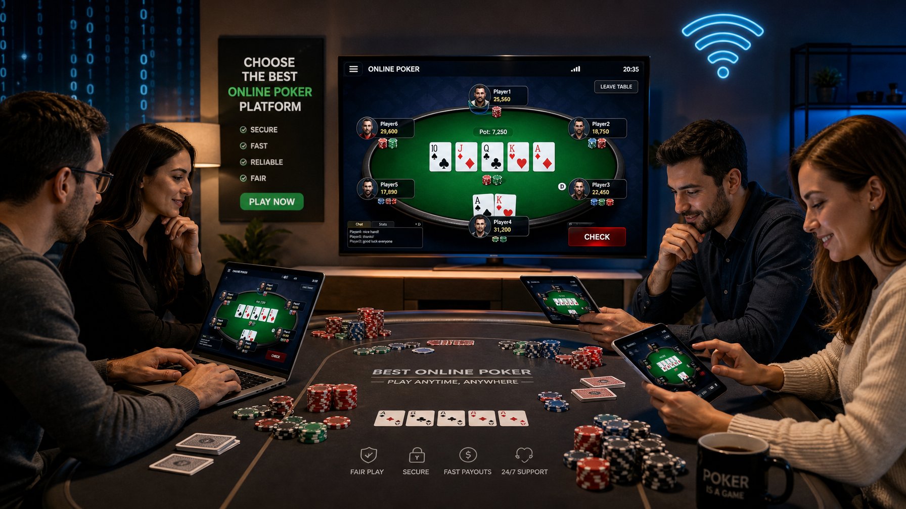 Beberapa orang dewasa sedang bermain poker online menggunakan komputer dan tablet di ruangan yang nyaman dan modern.